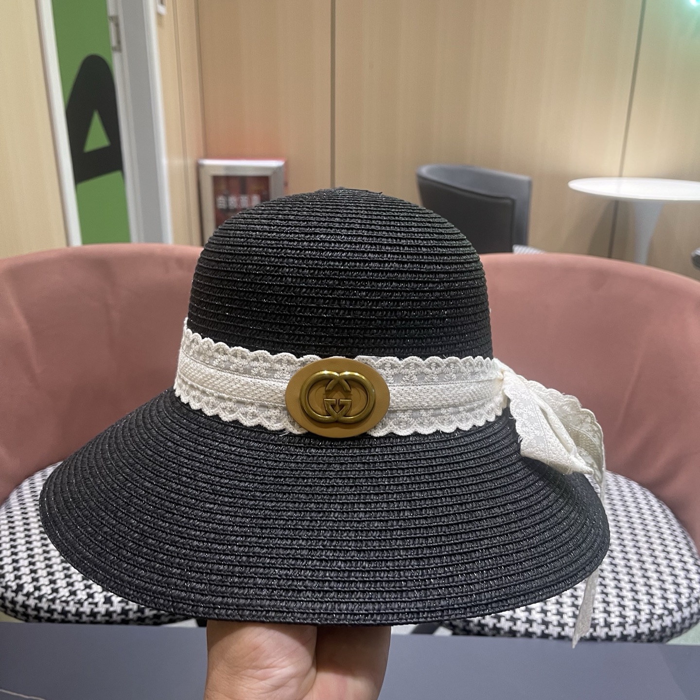 GUCCI 古奇 法式度假风蕾丝蝴蝶结草帽女春夏新款海边沙滩帽遮阳防晒帽子