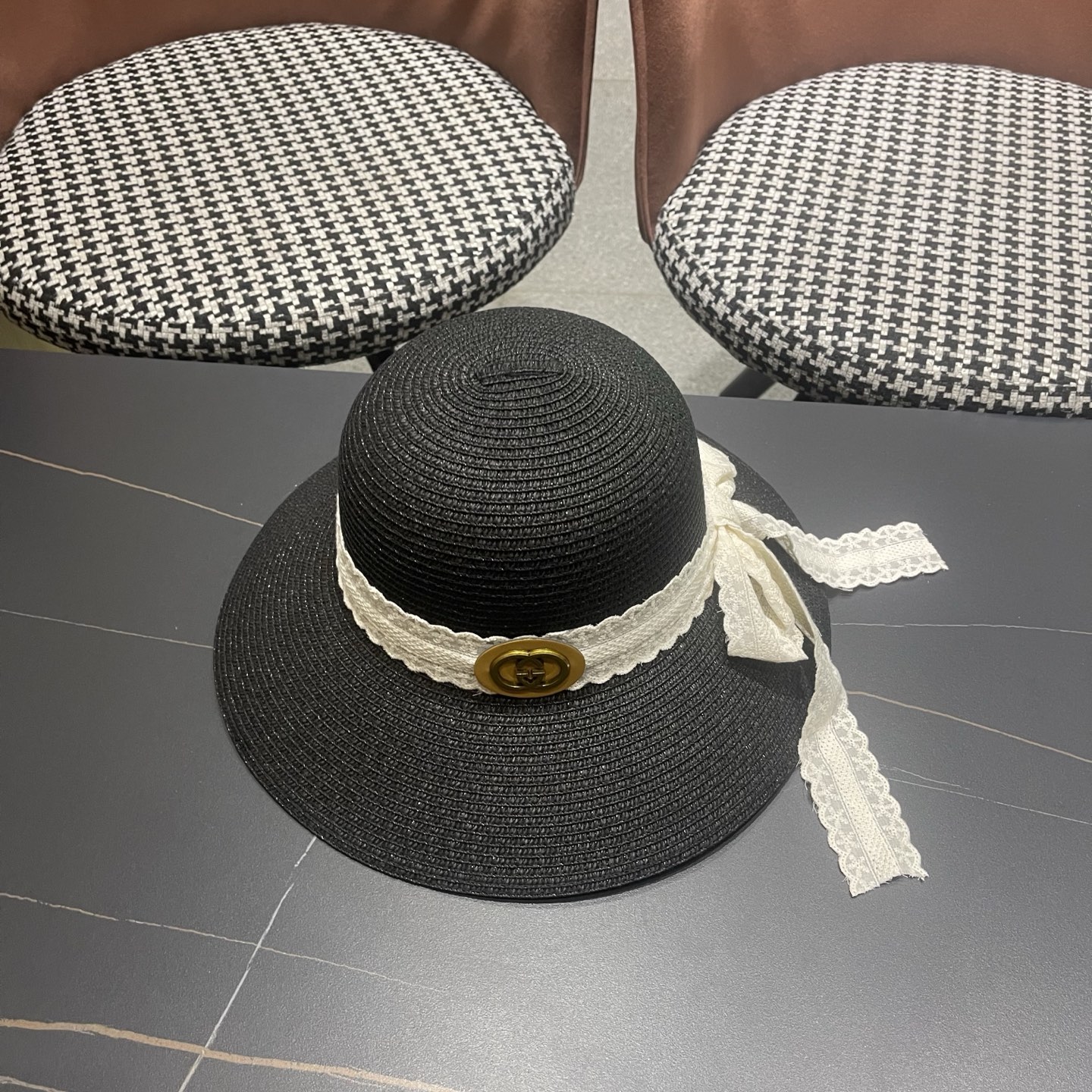 GUCCI 古奇 法式度假风蕾丝蝴蝶结草帽女春夏新款海边沙滩帽遮阳防晒帽子