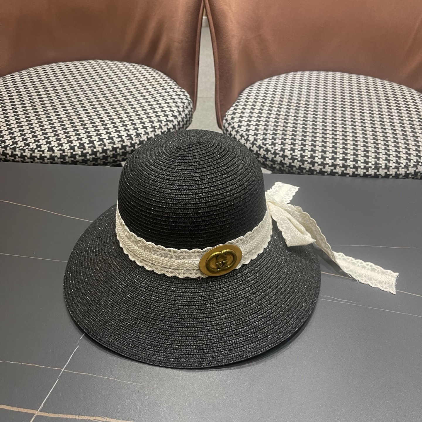 GUCCI 古奇 法式度假风蕾丝蝴蝶结草帽女春夏新款海边沙滩帽遮阳防晒帽子