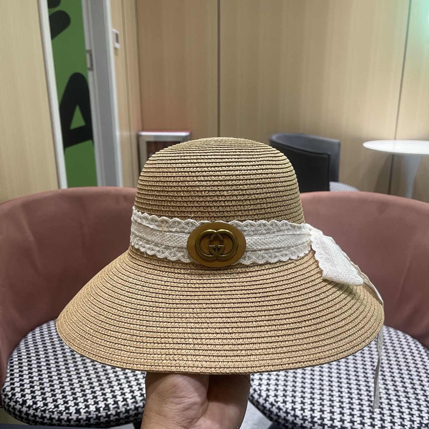 GUCCI 古奇 法式度假风蕾丝蝴蝶结草帽女春夏新款海边沙滩帽遮阳防晒帽子