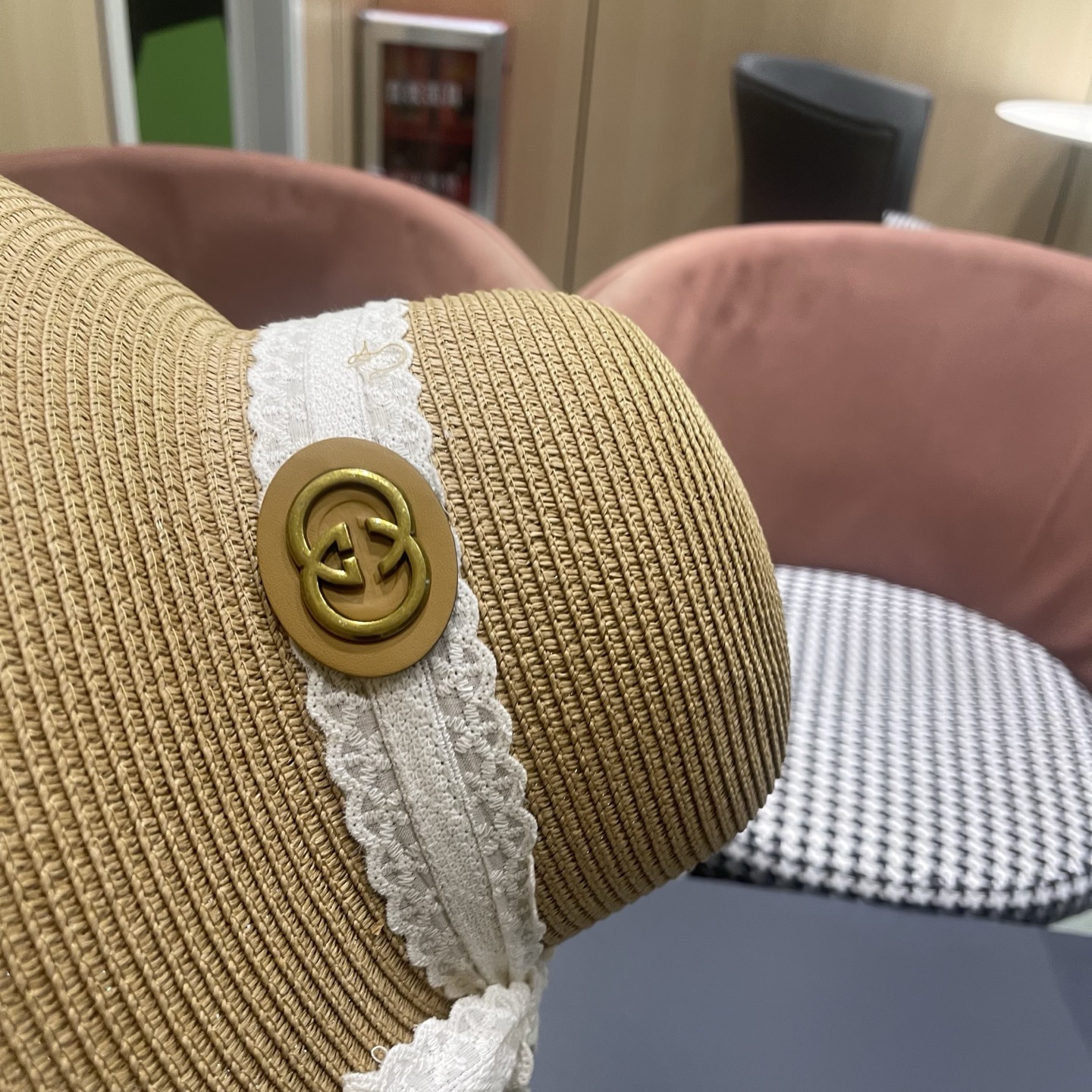 GUCCI 古奇 法式度假风蕾丝蝴蝶结草帽女春夏新款海边沙滩帽遮阳防晒帽子