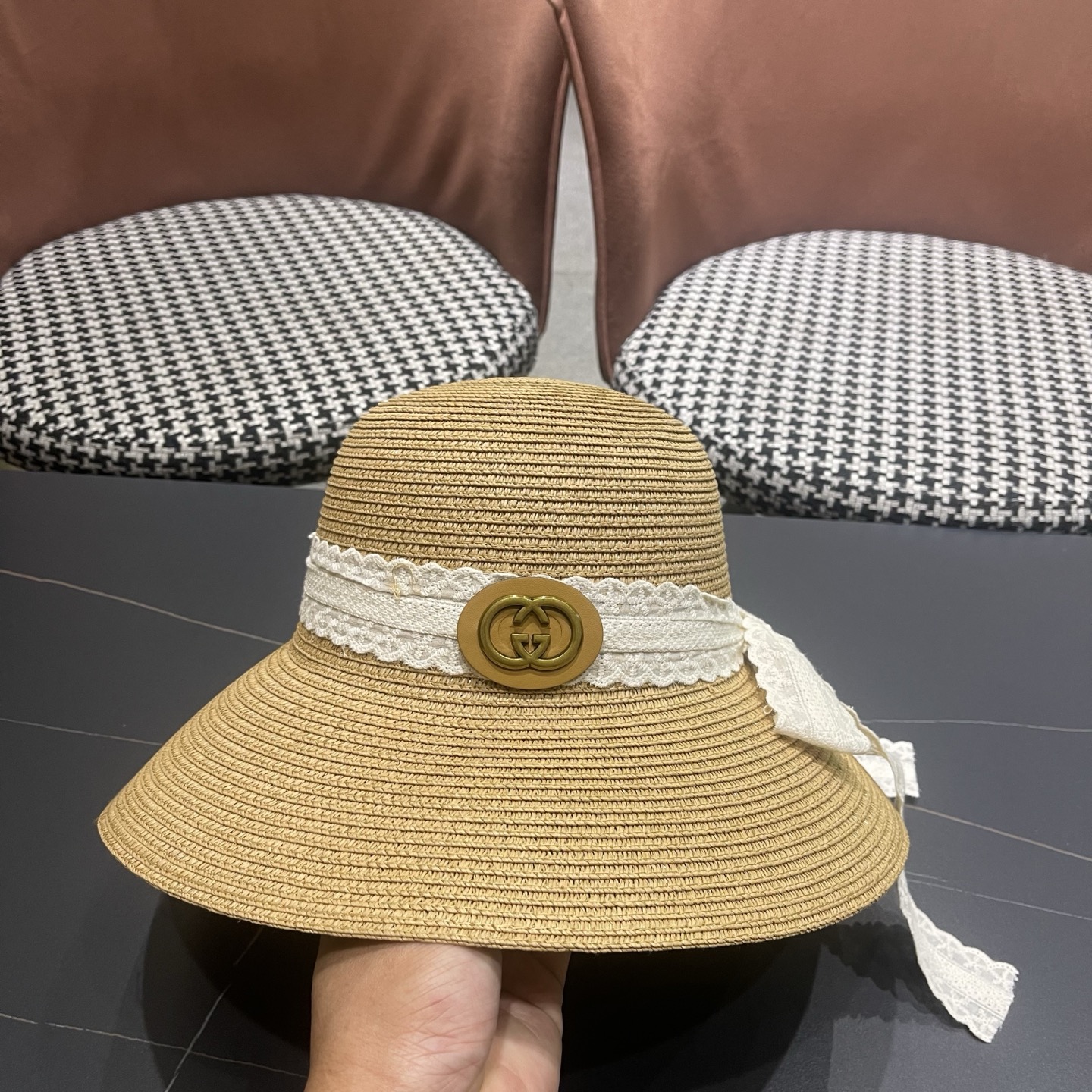 GUCCI 古奇 法式度假风蕾丝蝴蝶结草帽女春夏新款海边沙滩帽遮阳防晒帽子