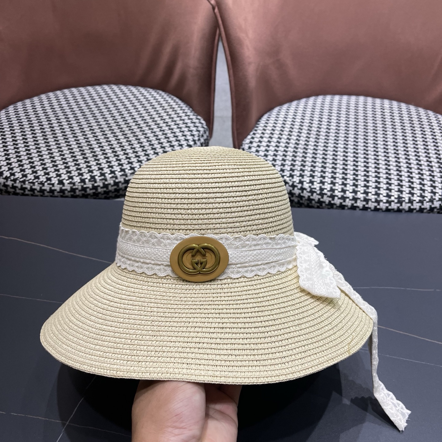 GUCCI 古奇 法式度假风蕾丝蝴蝶结草帽女春夏新款海边沙滩帽遮阳防晒帽子