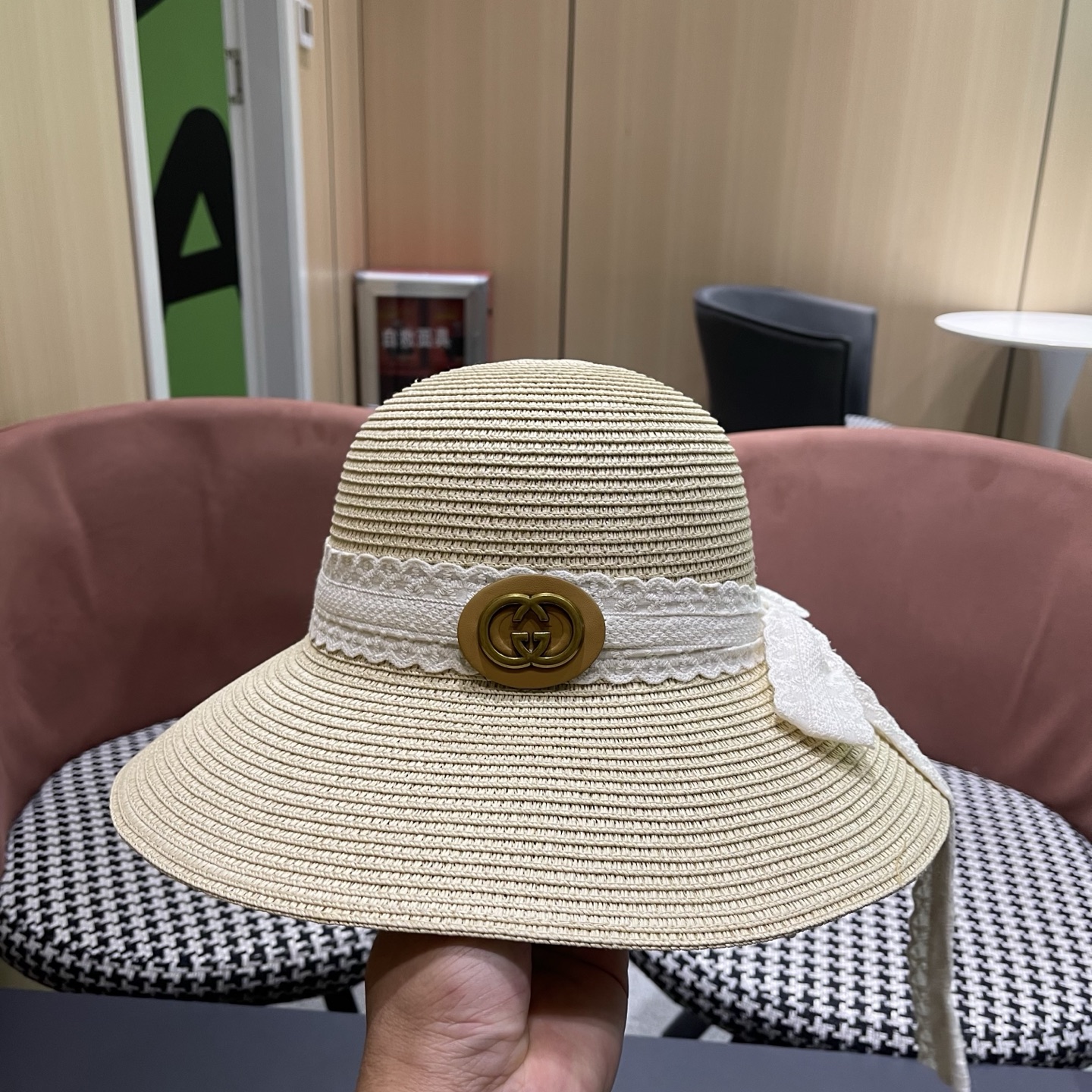 GUCCI 古奇 法式度假风蕾丝蝴蝶结草帽女春夏新款海边沙滩帽遮阳防晒帽子
