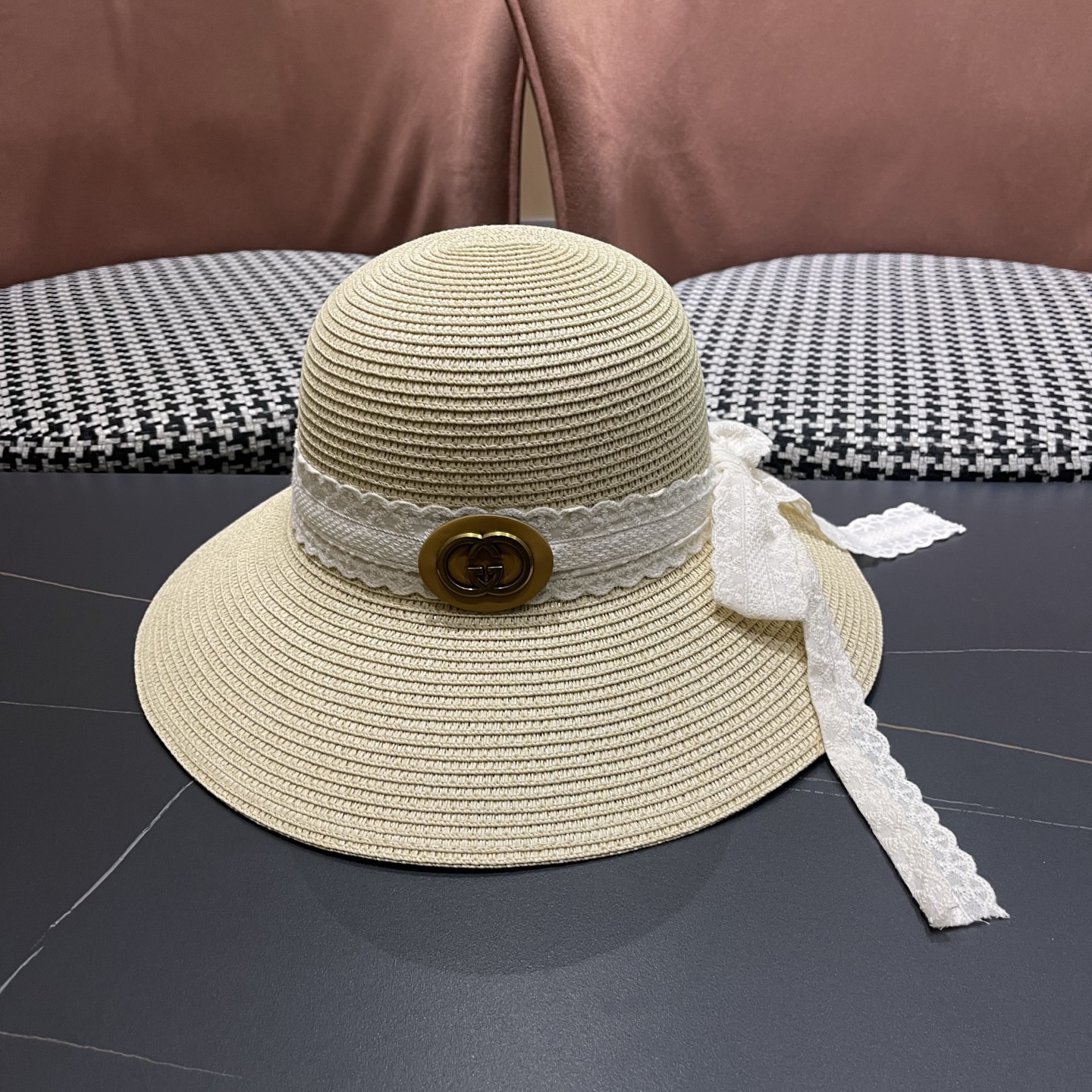 GUCCI 古奇 法式度假风蕾丝蝴蝶结草帽女春夏新款海边沙滩帽遮阳防晒帽子