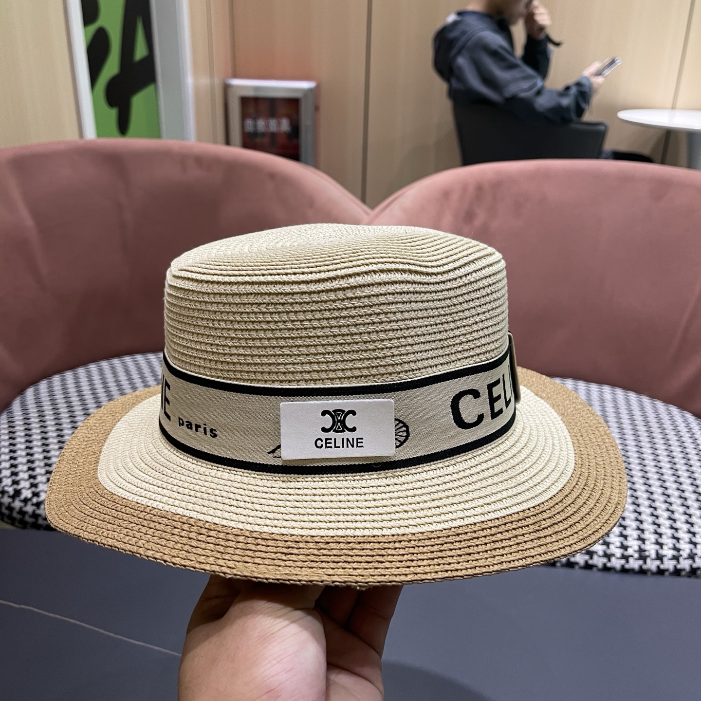 Celine 赛琳 法式名媛风平顶拼色礼帽女新款时尚草编防 晒遮阳帽子海边度假草帽