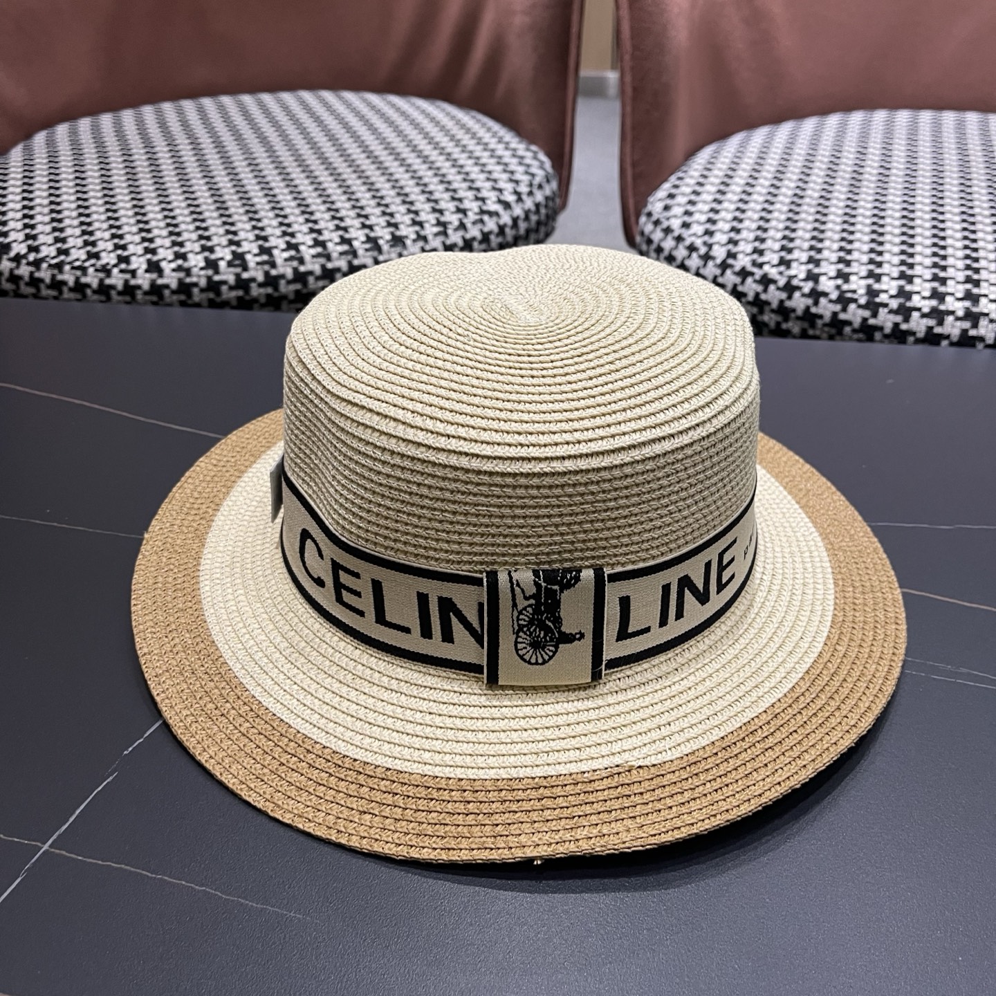 Celine 赛琳 法式名媛风平顶拼色礼帽女新款时尚草编防 晒遮阳帽子海边度假草帽