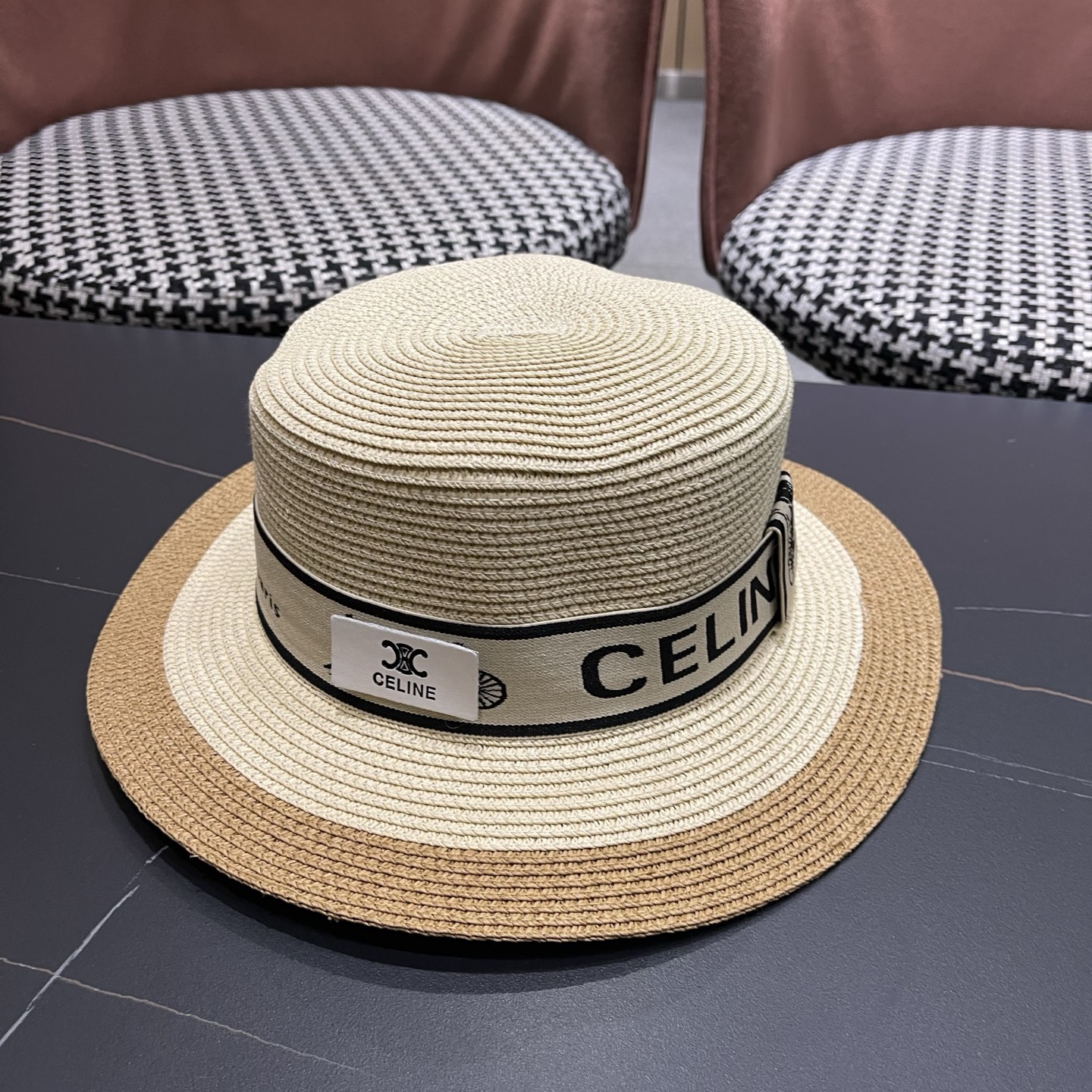 Celine 赛琳 法式名媛风平顶拼色礼帽女新款时尚草编防 晒遮阳帽子海边度假草帽