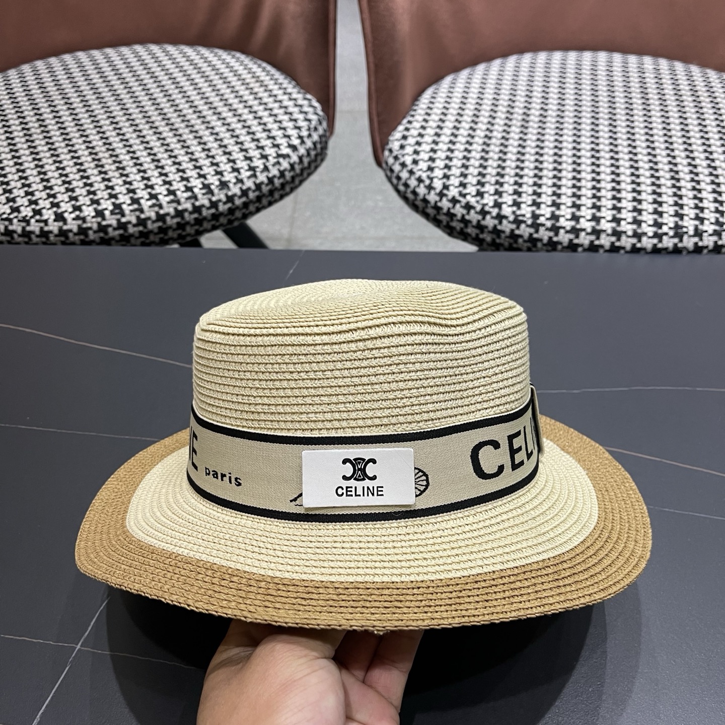 Celine 赛琳 法式名媛风平顶拼色礼帽女新款时尚草编防 晒遮阳帽子海边度假草帽