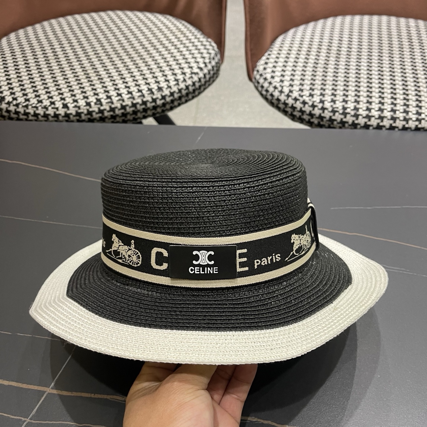 Celine 赛琳 法式名媛风平顶拼色礼帽女新款时尚草编防 晒遮阳帽子海边度假草帽