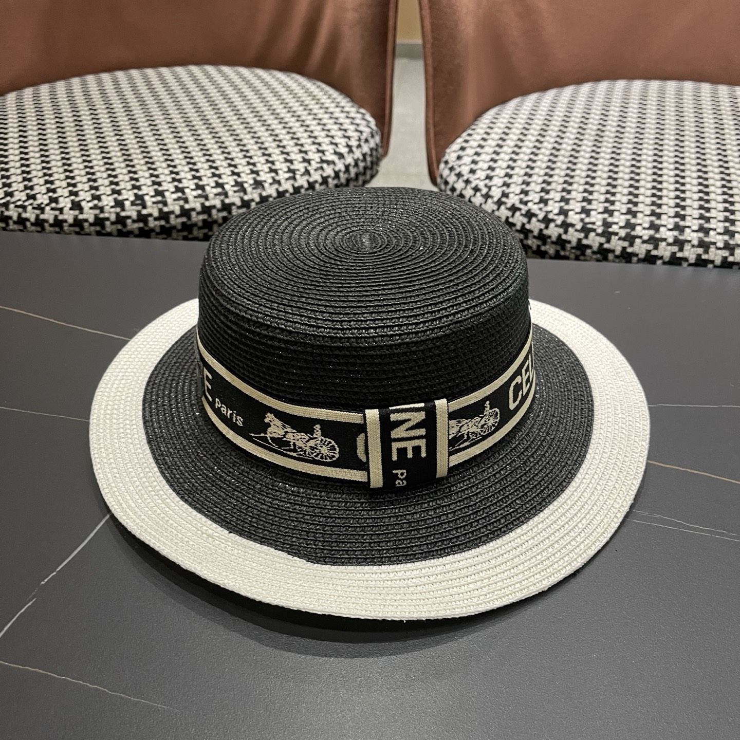 Celine 赛琳 法式名媛风平顶拼色礼帽女新款时尚草编防 晒遮阳帽子海边度假草帽