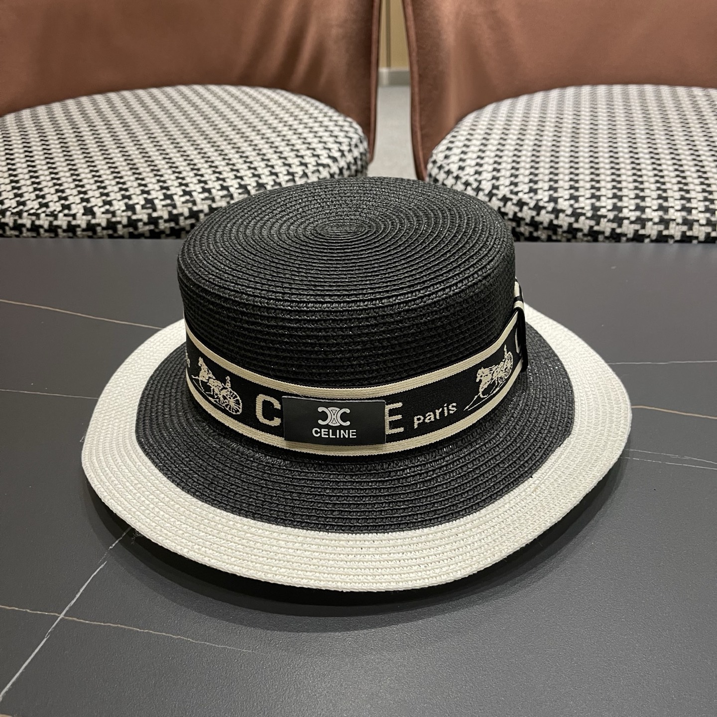 Celine 赛琳 法式名媛风平顶拼色礼帽女新款时尚草编防 晒遮阳帽子海边度假草帽