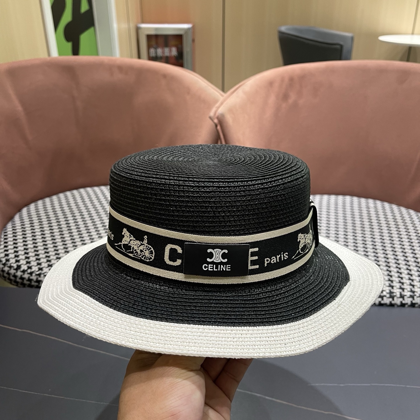 Celine 赛琳 法式名媛风平顶拼色礼帽女新款时尚草编防 晒遮阳帽子海边度假草帽