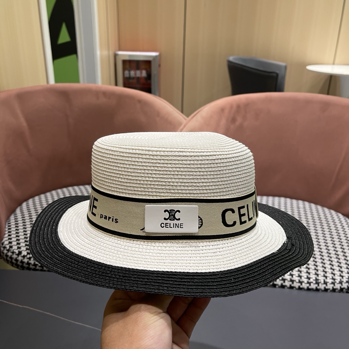 Celine 赛琳 法式名媛风平顶拼色礼帽女新款时尚草编防 晒遮阳帽子海边度假草帽
