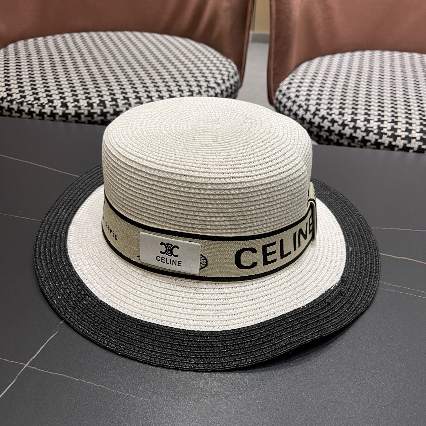 Celine 赛琳 法式名媛风平顶拼色礼帽女新款时尚草编防 晒遮阳帽子海边度假草帽
