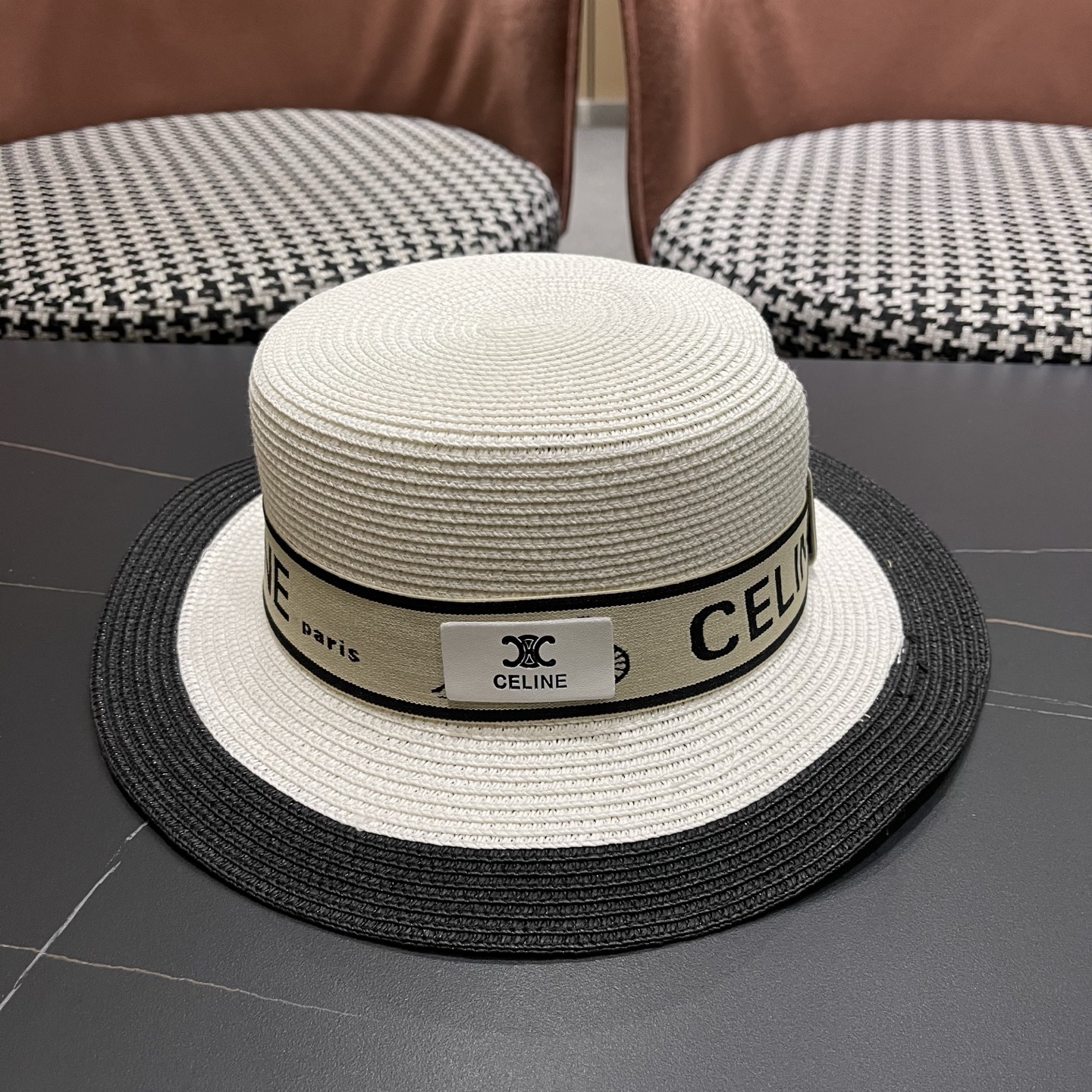 Celine 赛琳 法式名媛风平顶拼色礼帽女新款时尚草编防 晒遮阳帽子海边度假草帽