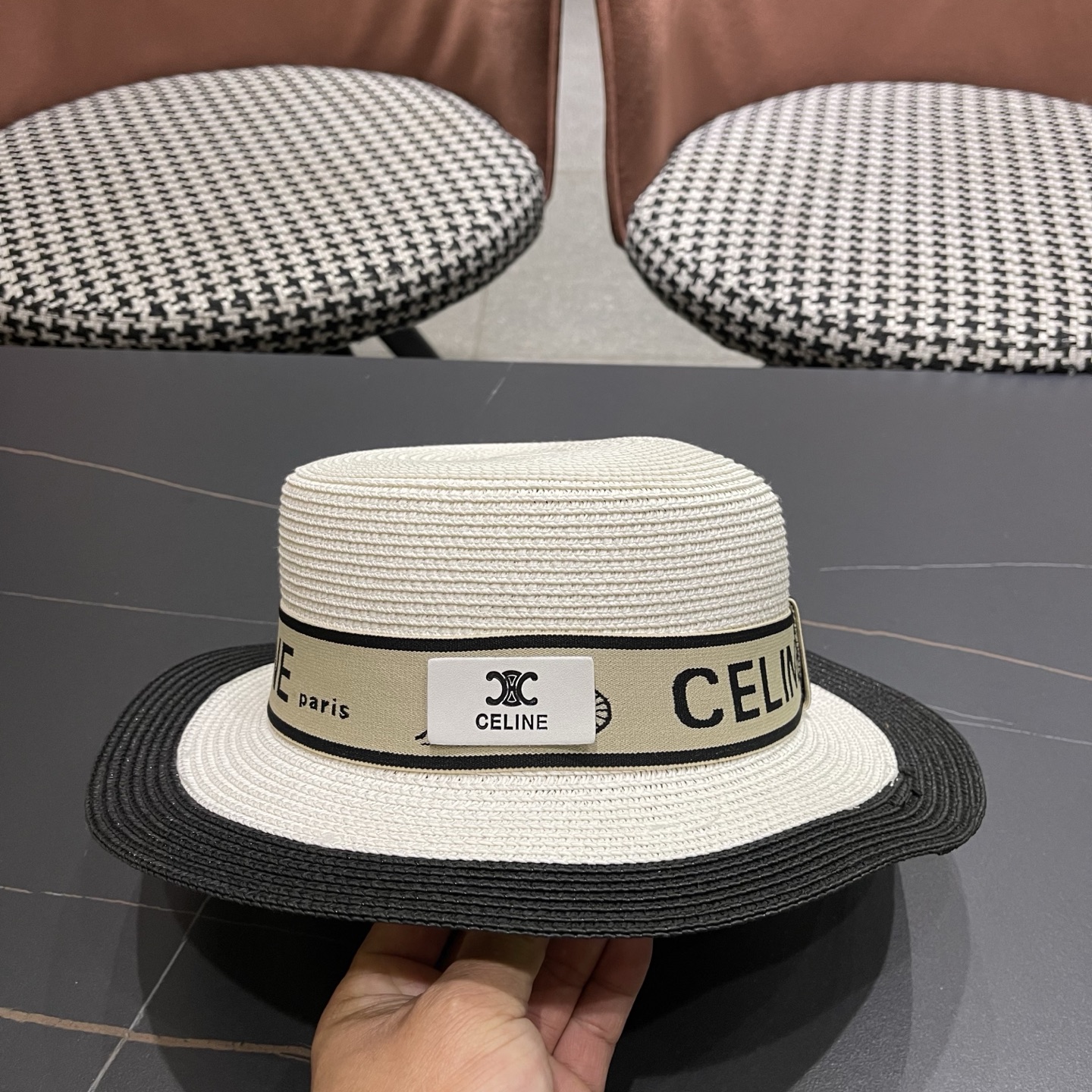 Celine 赛琳 法式名媛风平顶拼色礼帽女新款时尚草编防 晒遮阳帽子海边度假草帽