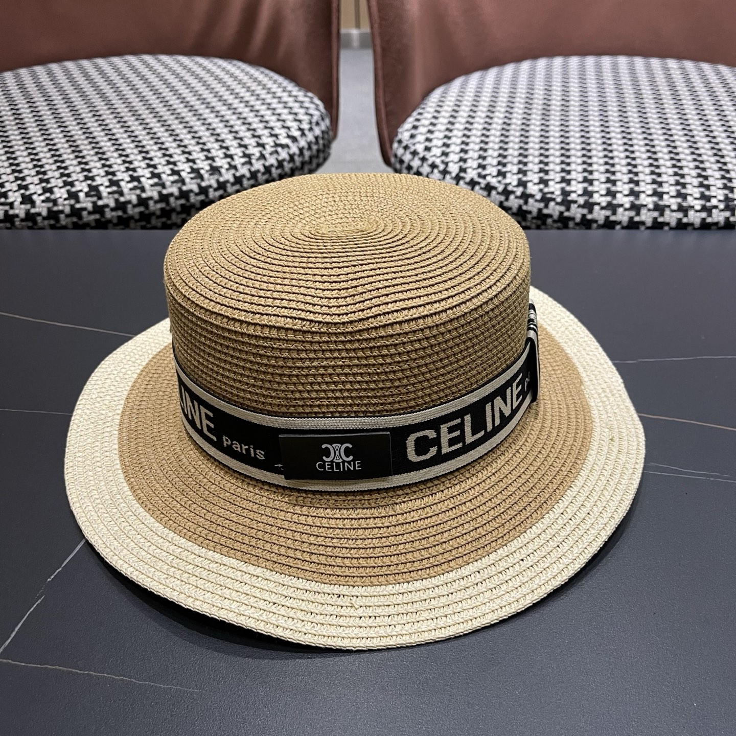 Celine 赛琳 法式名媛风平顶拼色礼帽女新款时尚草编防 晒遮阳帽子海边度假草帽