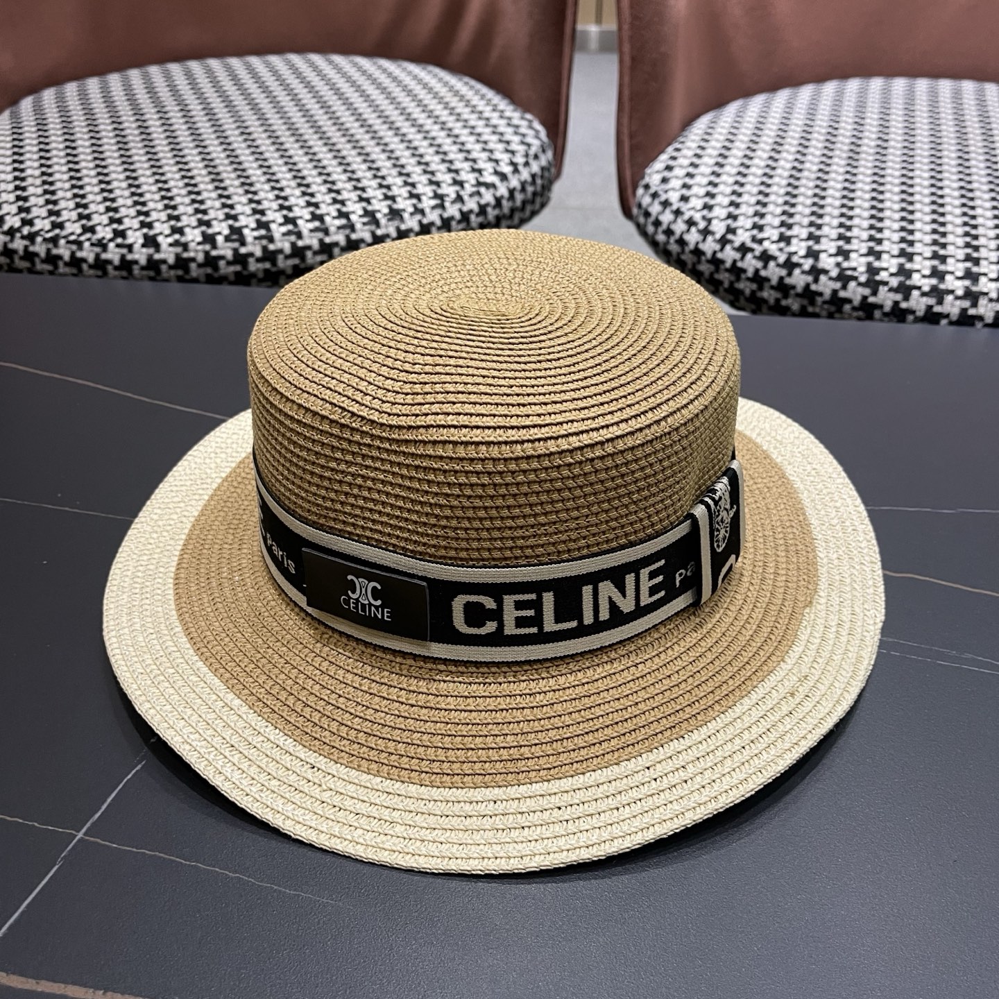 Celine 赛琳 法式名媛风平顶拼色礼帽女新款时尚草编防 晒遮阳帽子海边度假草帽