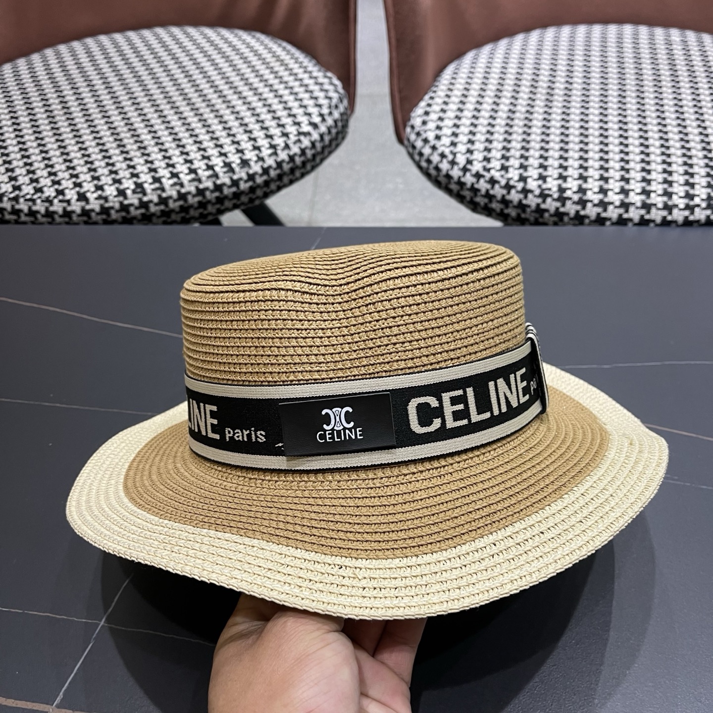 Celine 赛琳 法式名媛风平顶拼色礼帽女新款时尚草编防 晒遮阳帽子海边度假草帽