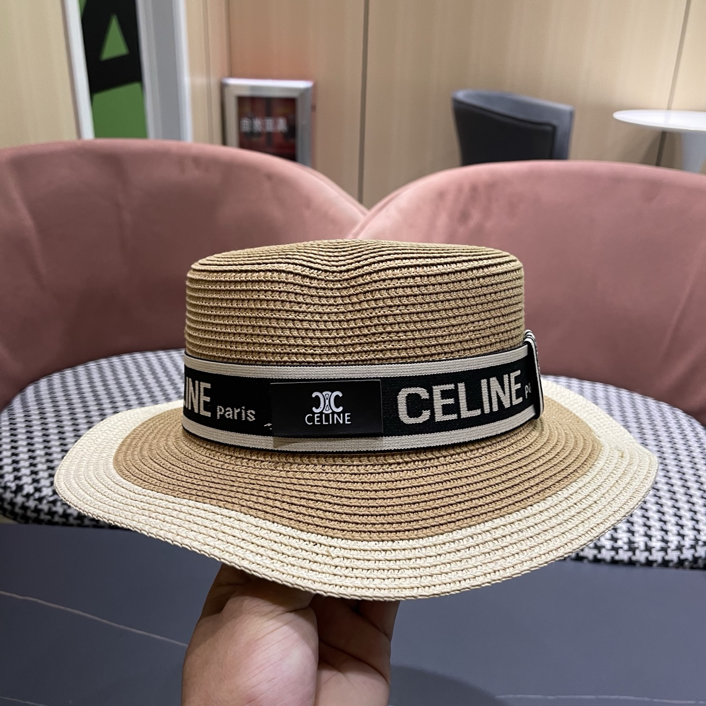Celine 赛琳 法式名媛风平顶拼色礼帽女新款时尚草编防 晒遮阳帽子海边度假草帽