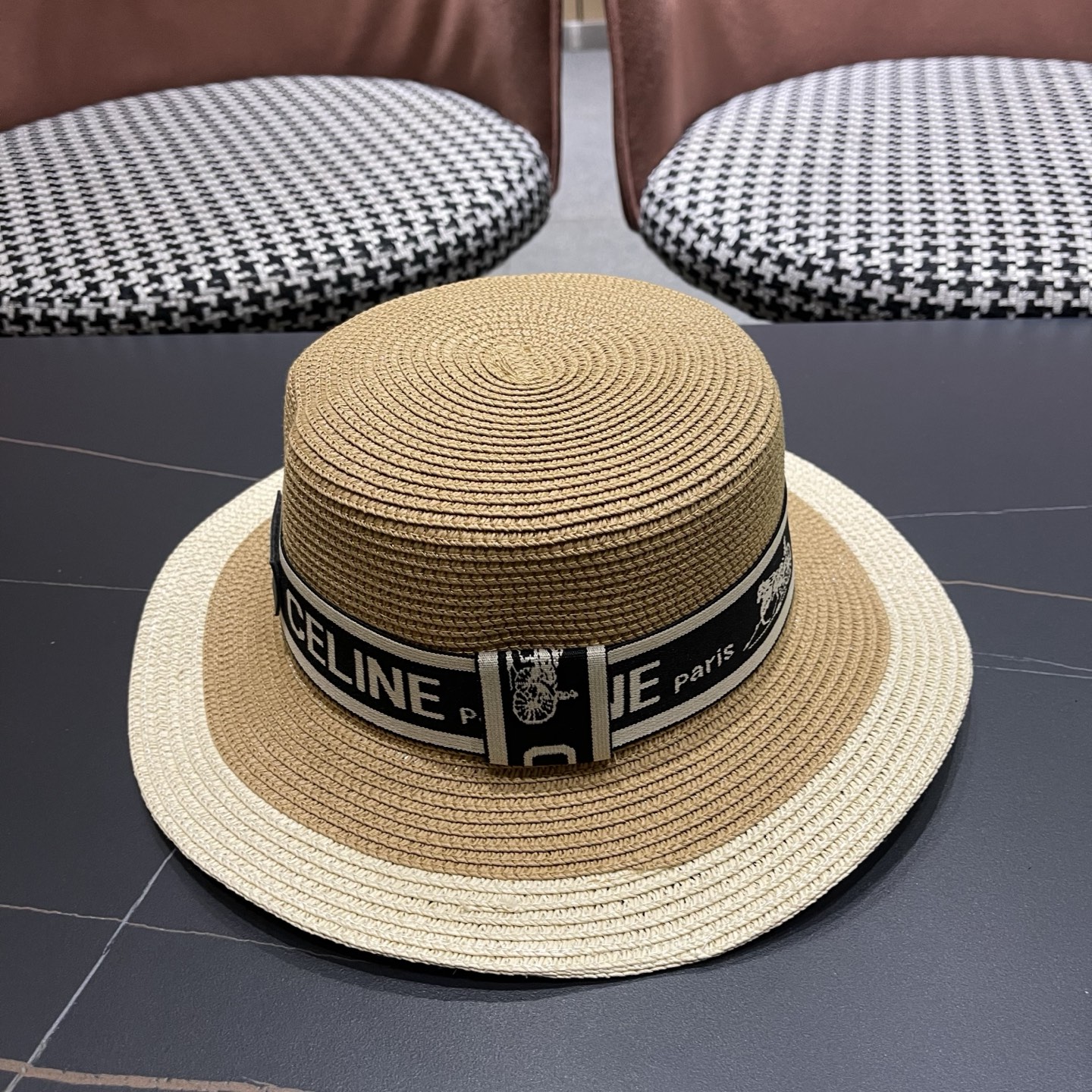 Celine 赛琳 法式名媛风平顶拼色礼帽女新款时尚草编防 晒遮阳帽子海边度假草帽