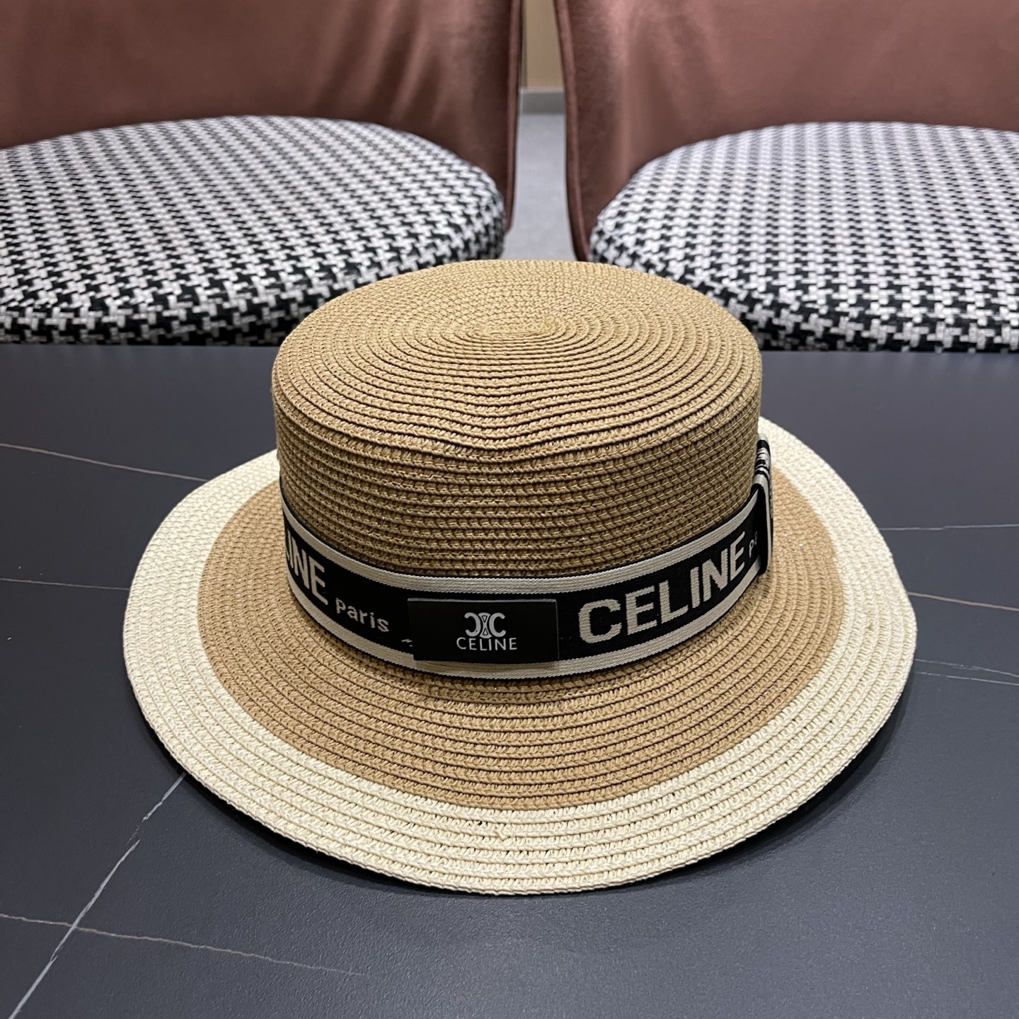 Celine 赛琳 法式名媛风平顶拼色礼帽女新款时尚草编防 晒遮阳帽子海边度假草帽