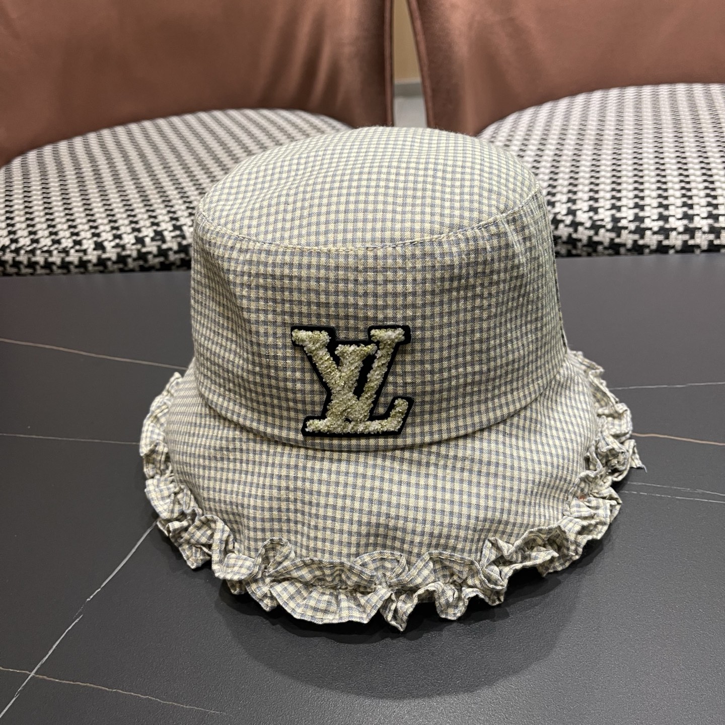 LV路易威登 韩版花边格纹渔夫帽子女春秋季时尚显脸小盆帽 户外出游防晒遮阳帽