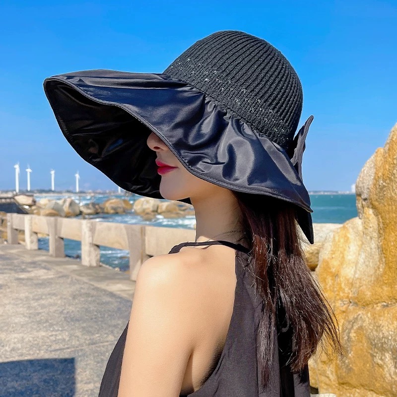 CHANEL香奈儿 防晒帽女防紫外线太阳帽可折叠黑胶渔夫帽 遮脸夏天大帽檐遮阳帽子