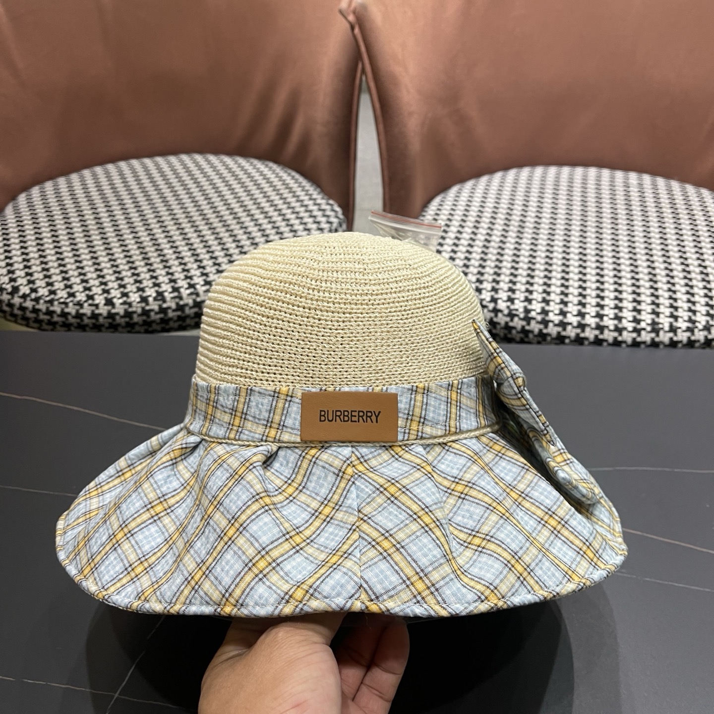Burberry巴宝莉 遮阳帽女夏季文艺风格纹蝴蝶结休闲 渔夫帽可折叠大檐帽出游穿搭