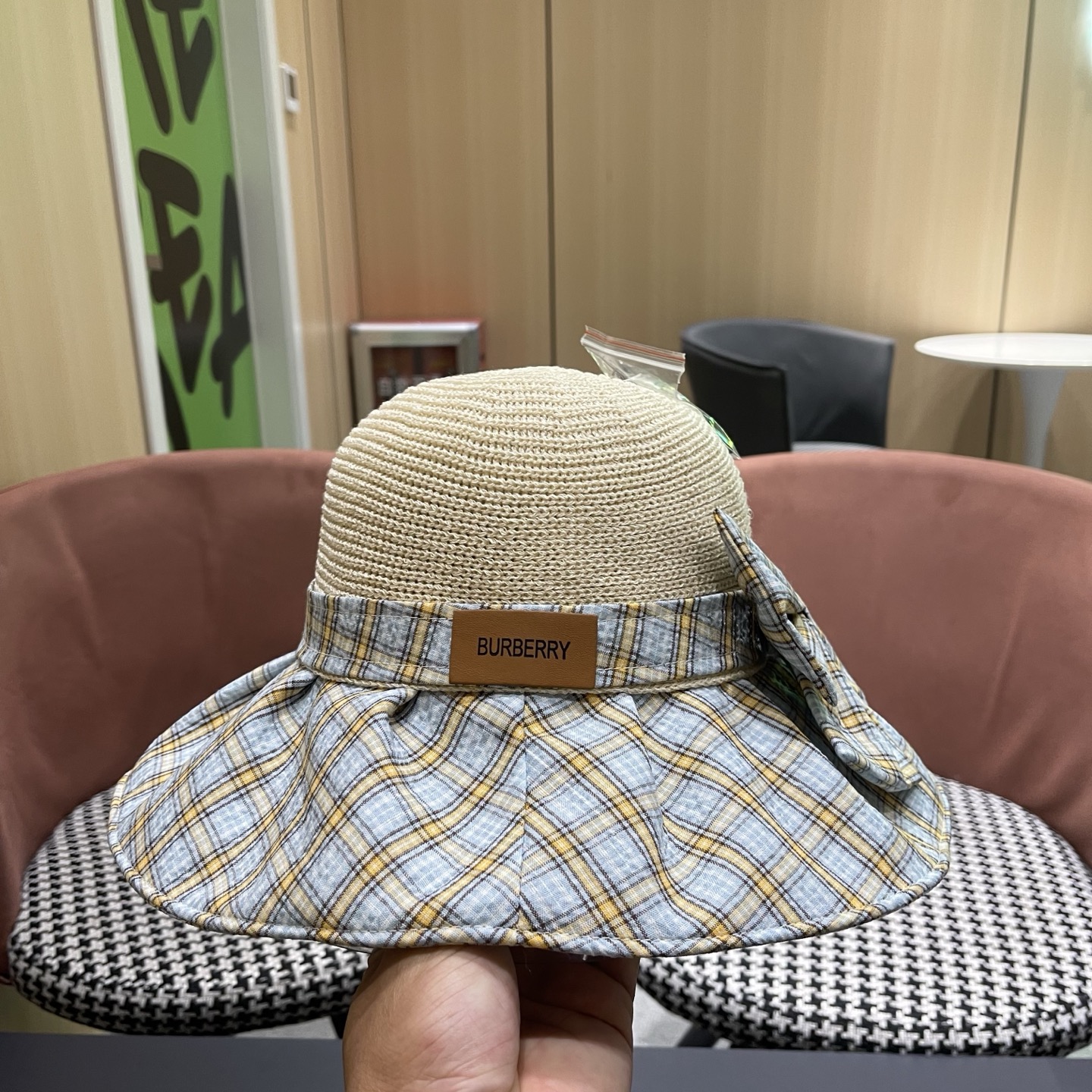 Burberry巴宝莉 遮阳帽女夏季文艺风格纹蝴蝶结休闲 渔夫帽可折叠大檐帽出游穿搭