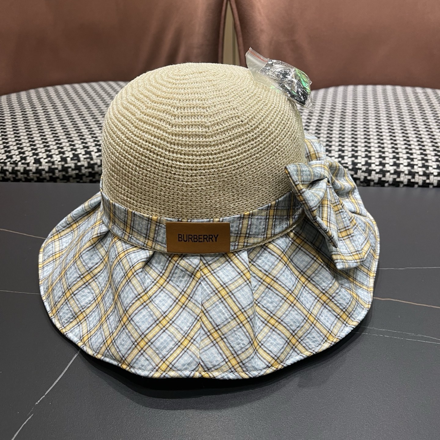 Burberry巴宝莉 遮阳帽女夏季文艺风格纹蝴蝶结休闲 渔夫帽可折叠大檐帽出游穿搭