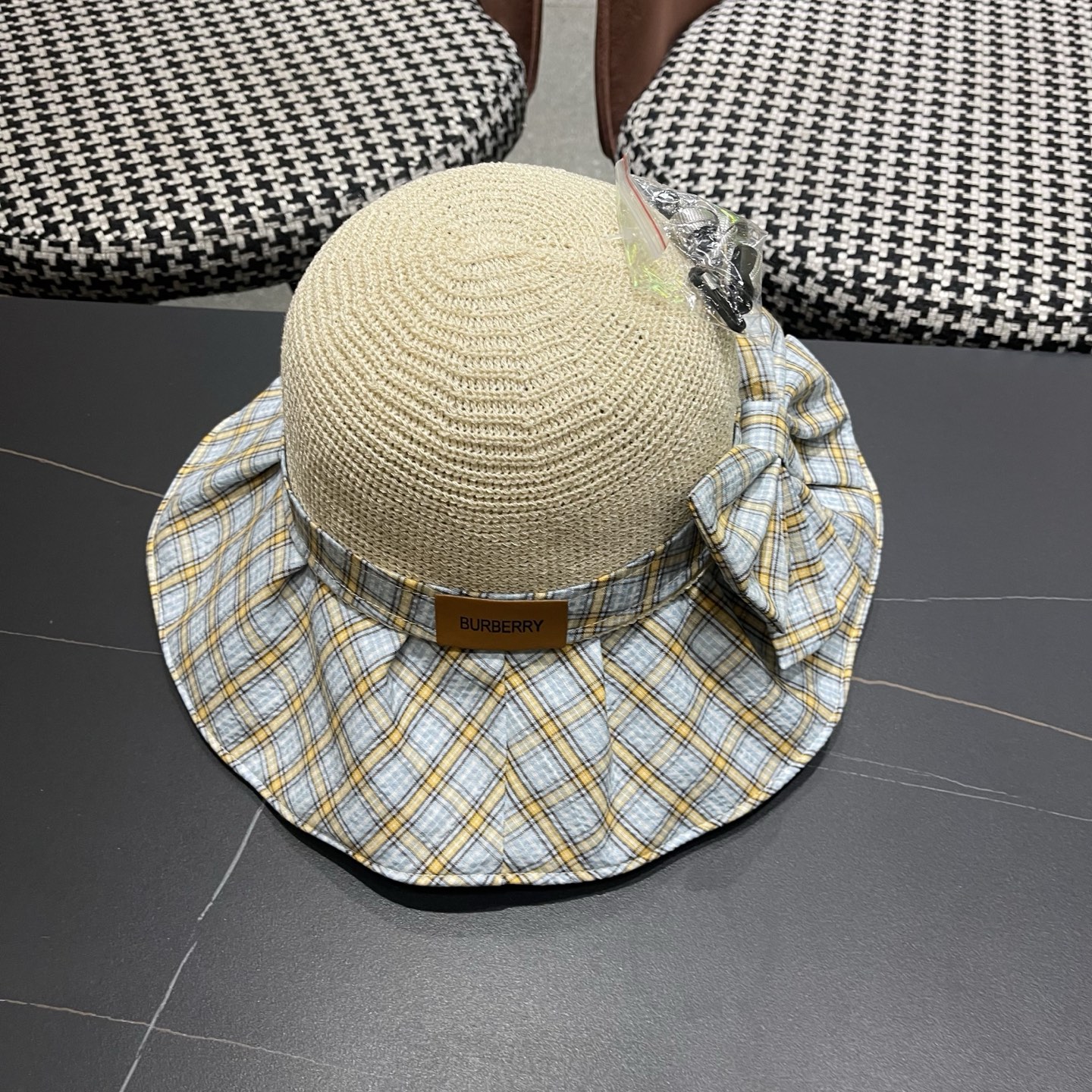Burberry巴宝莉 遮阳帽女夏季文艺风格纹蝴蝶结休闲 渔夫帽可折叠大檐帽出游穿搭