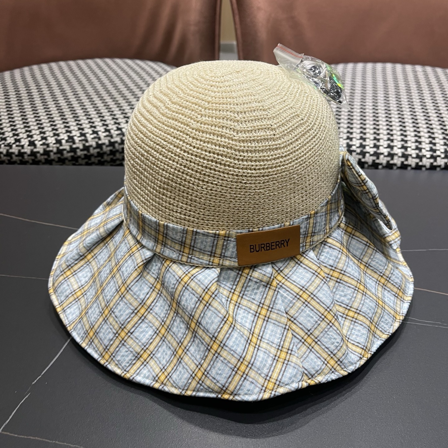 Burberry巴宝莉 遮阳帽女夏季文艺风格纹蝴蝶结休闲 渔夫帽可折叠大檐帽出游穿搭