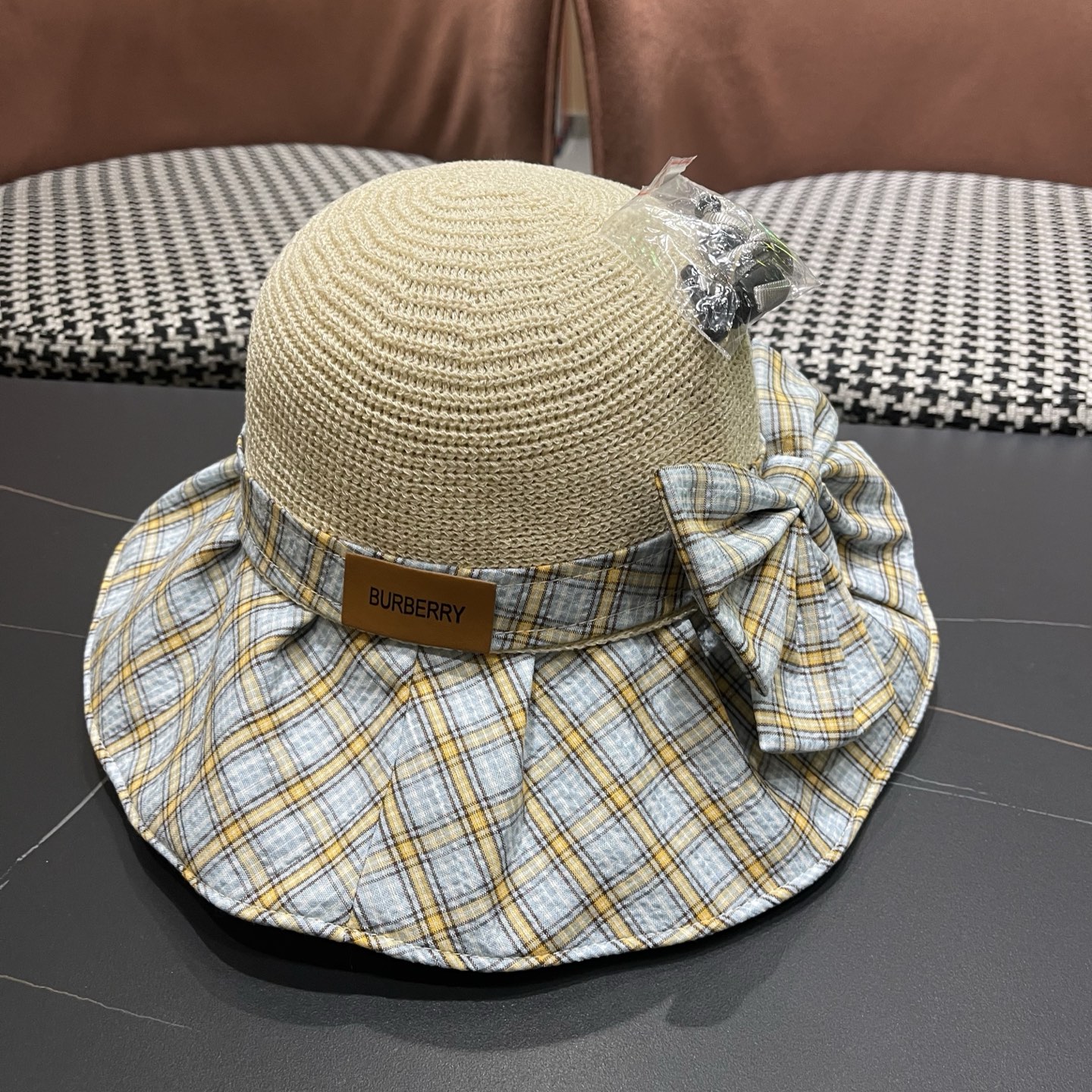 Burberry巴宝莉 遮阳帽女夏季文艺风格纹蝴蝶结休闲 渔夫帽可折叠大檐帽出游穿搭