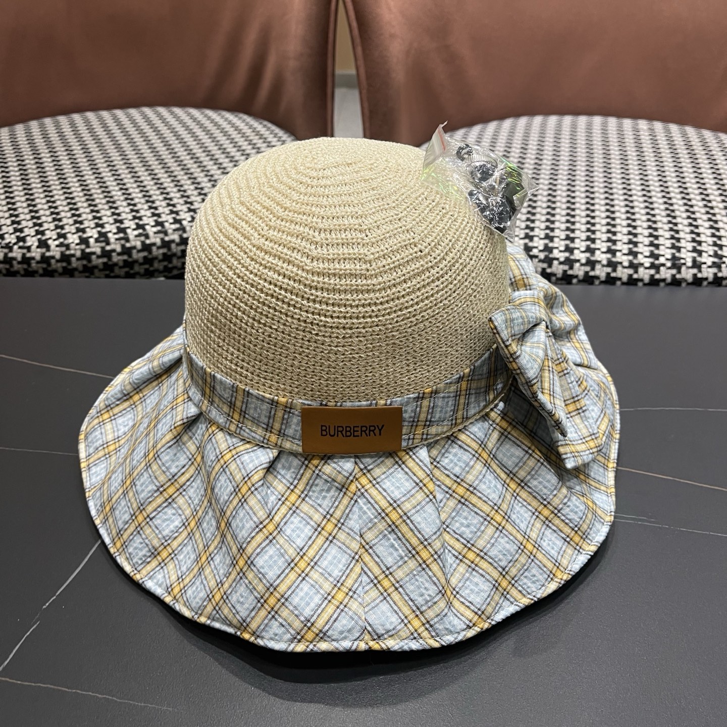 Burberry巴宝莉 遮阳帽女夏季文艺风格纹蝴蝶结休闲 渔夫帽可折叠大檐帽出游穿搭