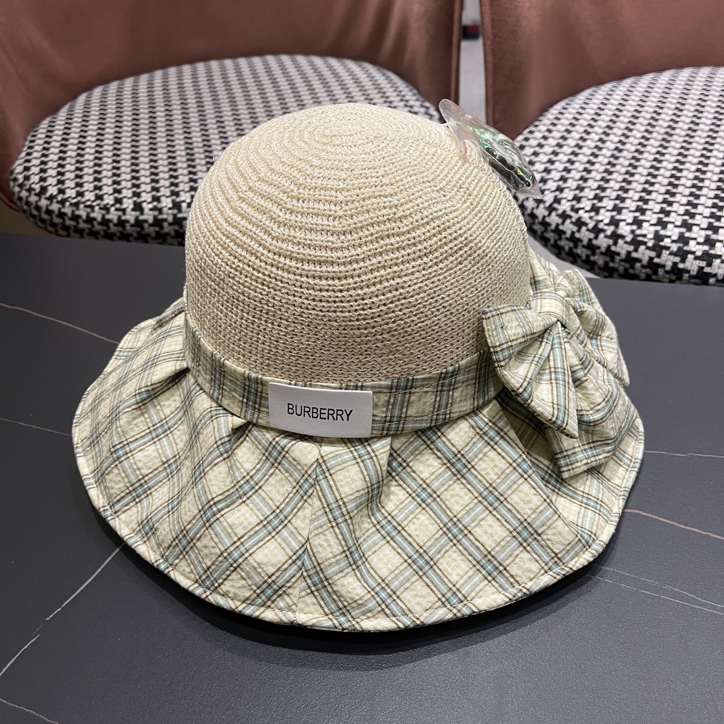 Burberry巴宝莉 遮阳帽女夏季文艺风格纹蝴蝶结休闲 渔夫帽可折叠大檐帽出游穿搭