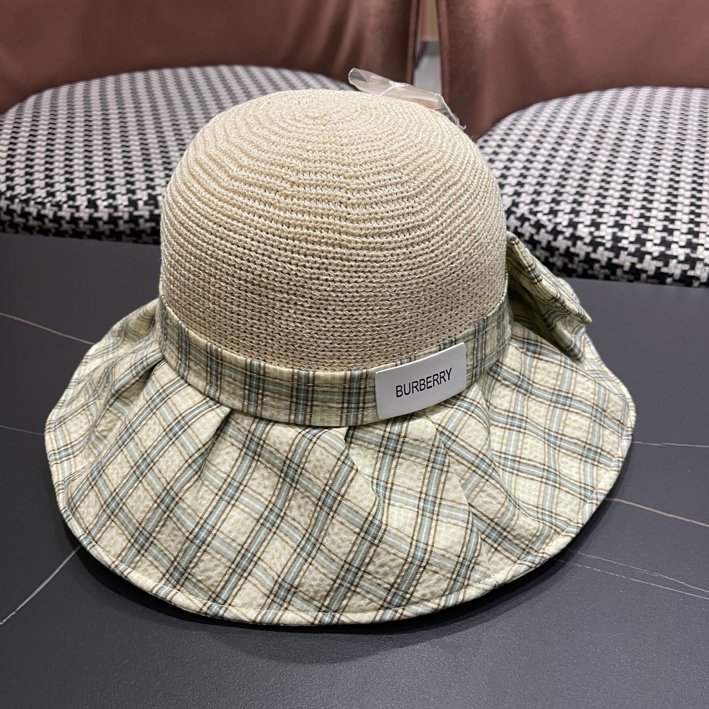 Burberry巴宝莉 遮阳帽女夏季文艺风格纹蝴蝶结休闲 渔夫帽可折叠大檐帽出游穿搭