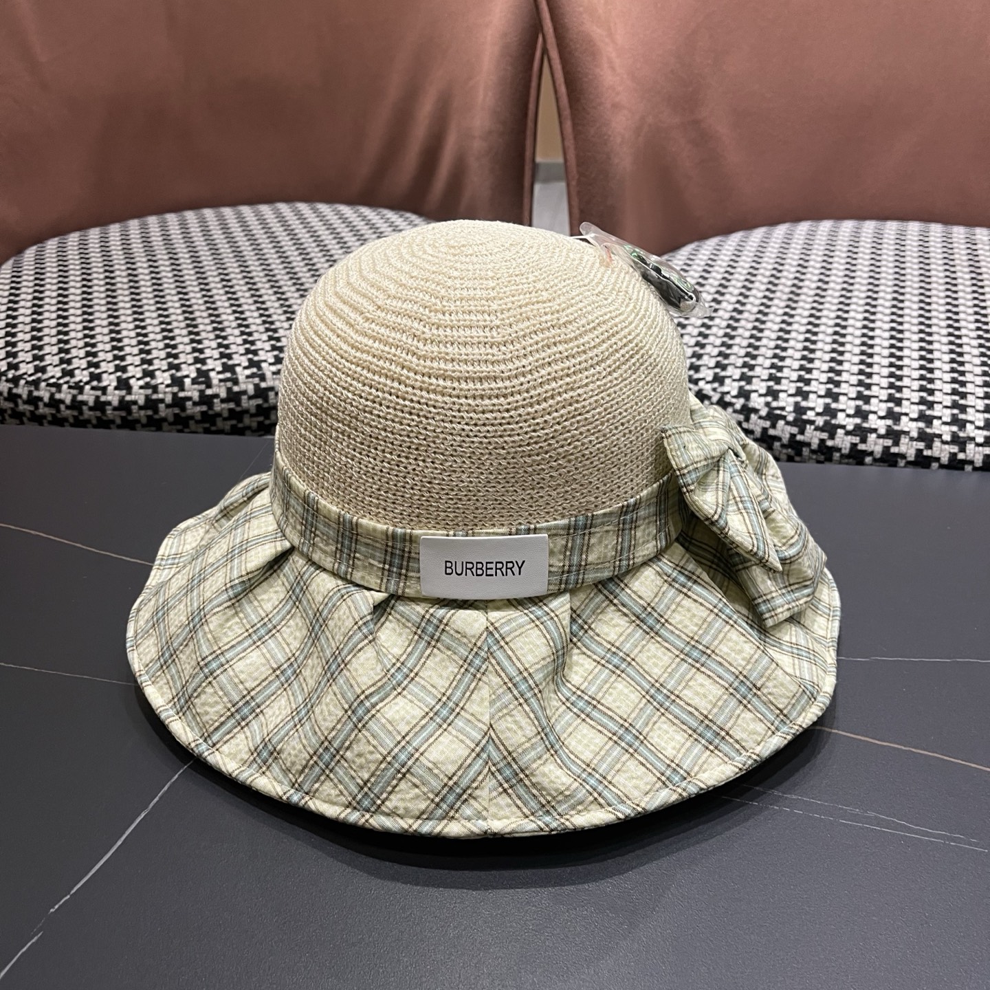 Burberry巴宝莉 遮阳帽女夏季文艺风格纹蝴蝶结休闲 渔夫帽可折叠大檐帽出游穿搭