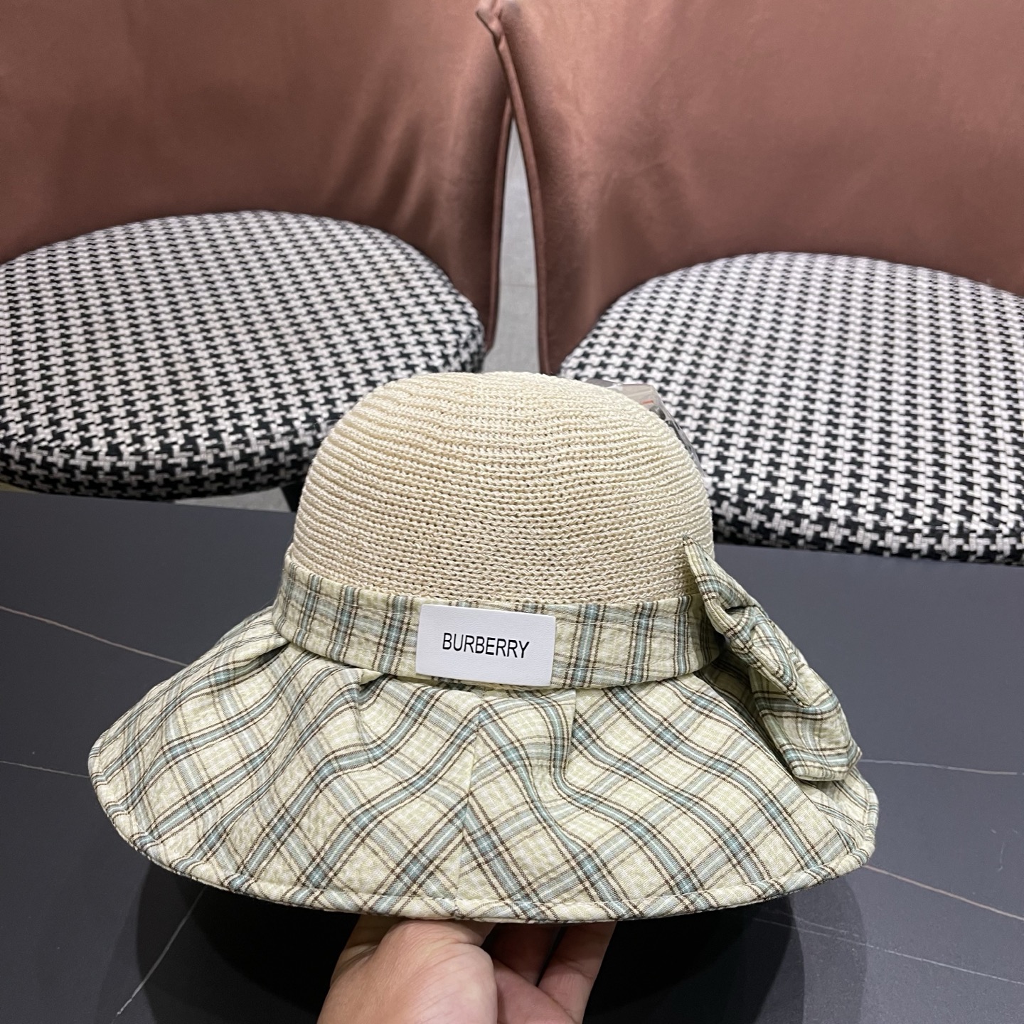 Burberry巴宝莉 遮阳帽女夏季文艺风格纹蝴蝶结休闲 渔夫帽可折叠大檐帽出游穿搭