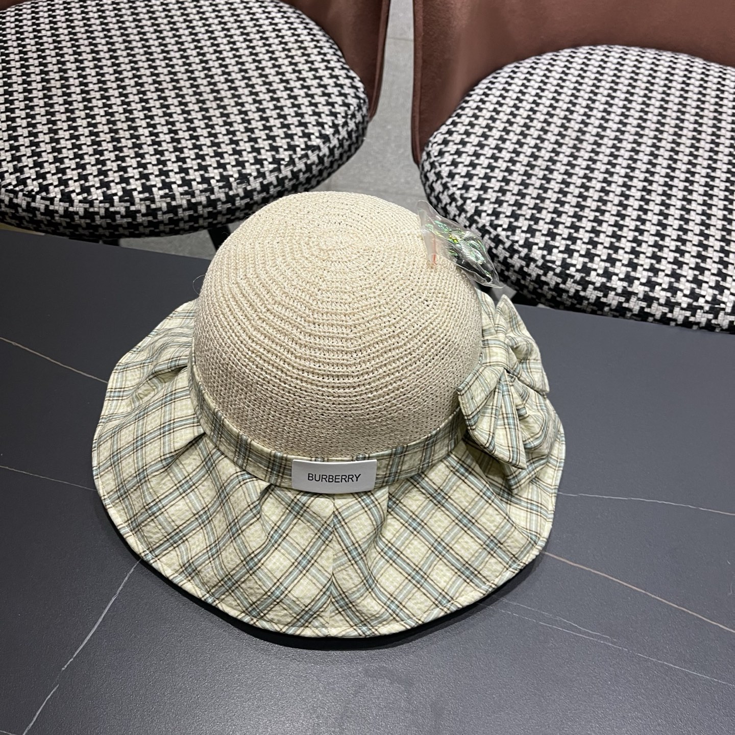 Burberry巴宝莉 遮阳帽女夏季文艺风格纹蝴蝶结休闲 渔夫帽可折叠大檐帽出游穿搭