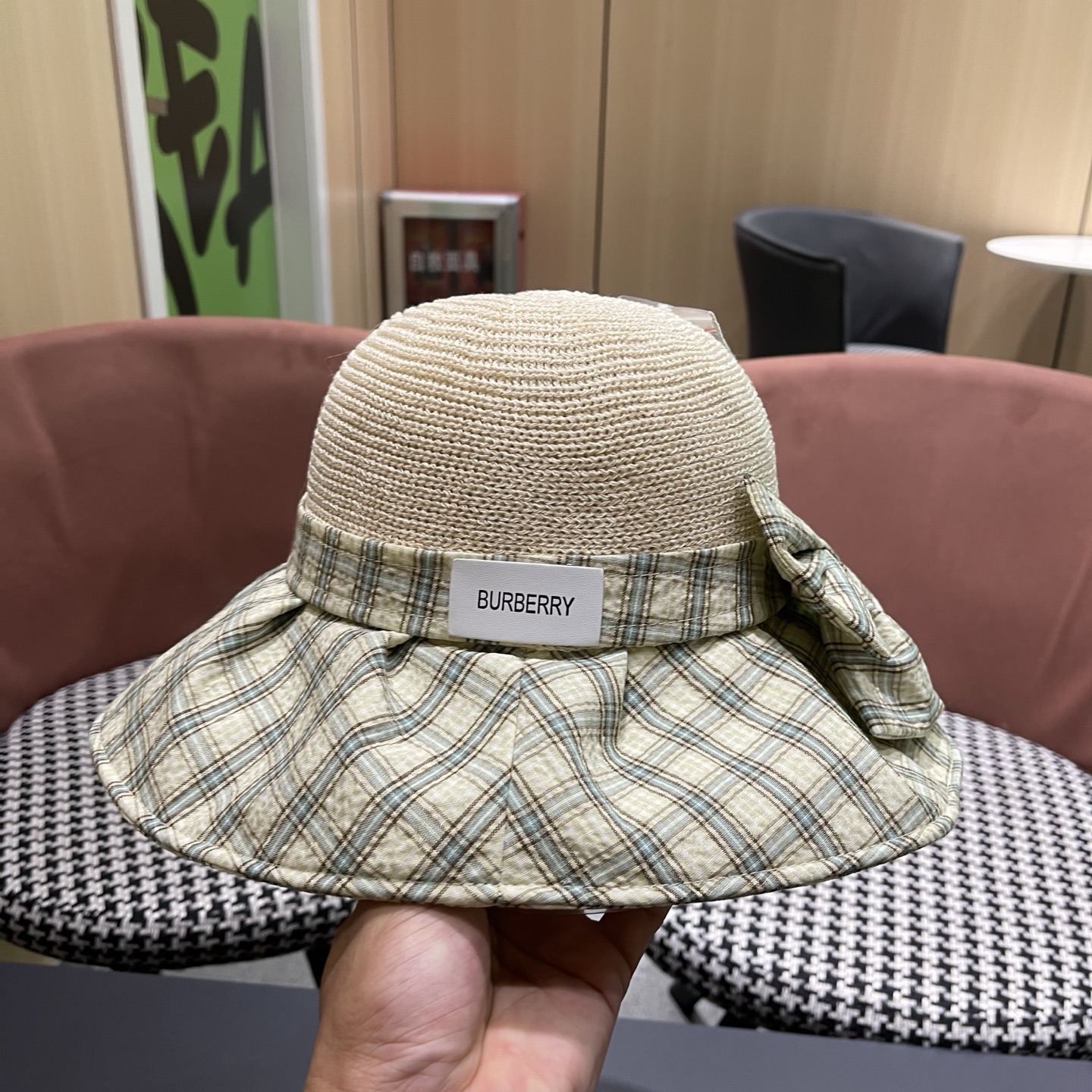 Burberry巴宝莉 遮阳帽女夏季文艺风格纹蝴蝶结休闲 渔夫帽可折叠大檐帽出游穿搭