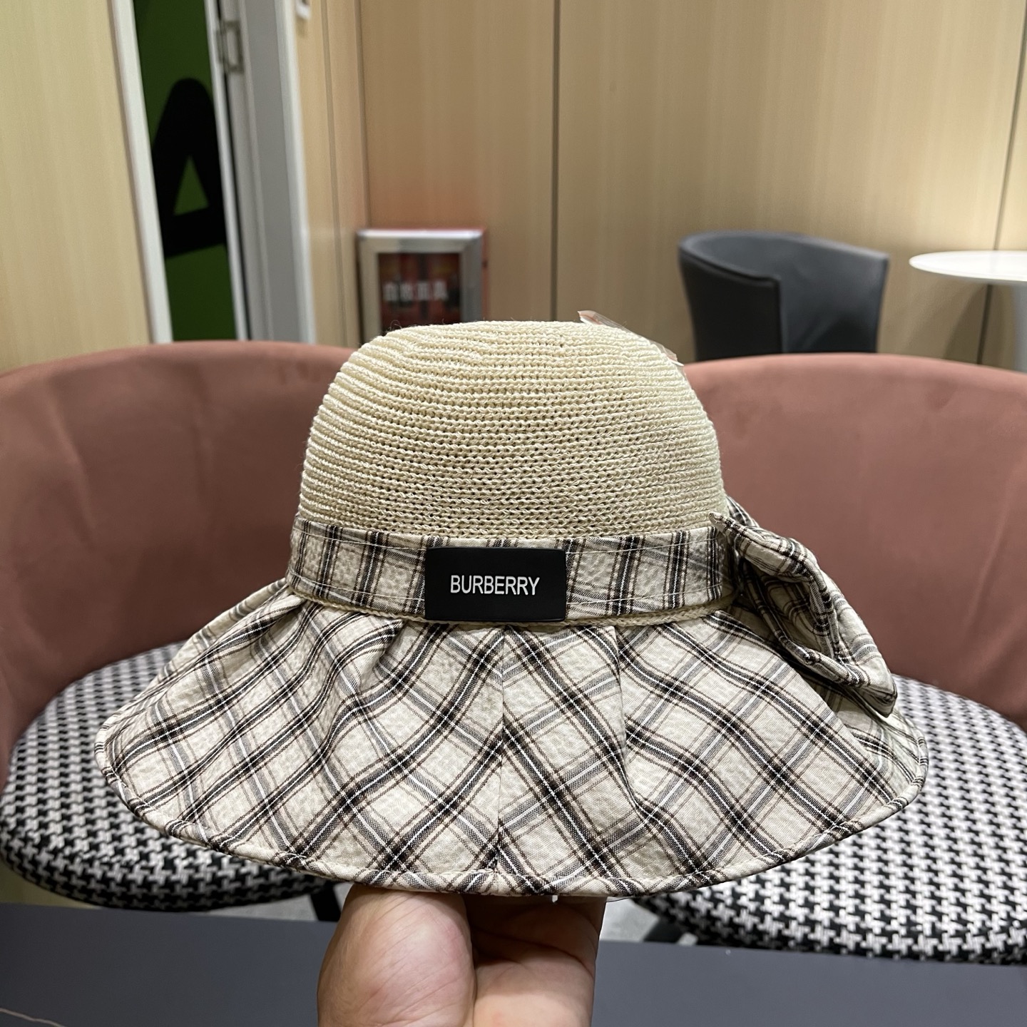 Burberry巴宝莉 遮阳帽女夏季文艺风格纹蝴蝶结休闲 渔夫帽可折叠大檐帽出游穿搭
