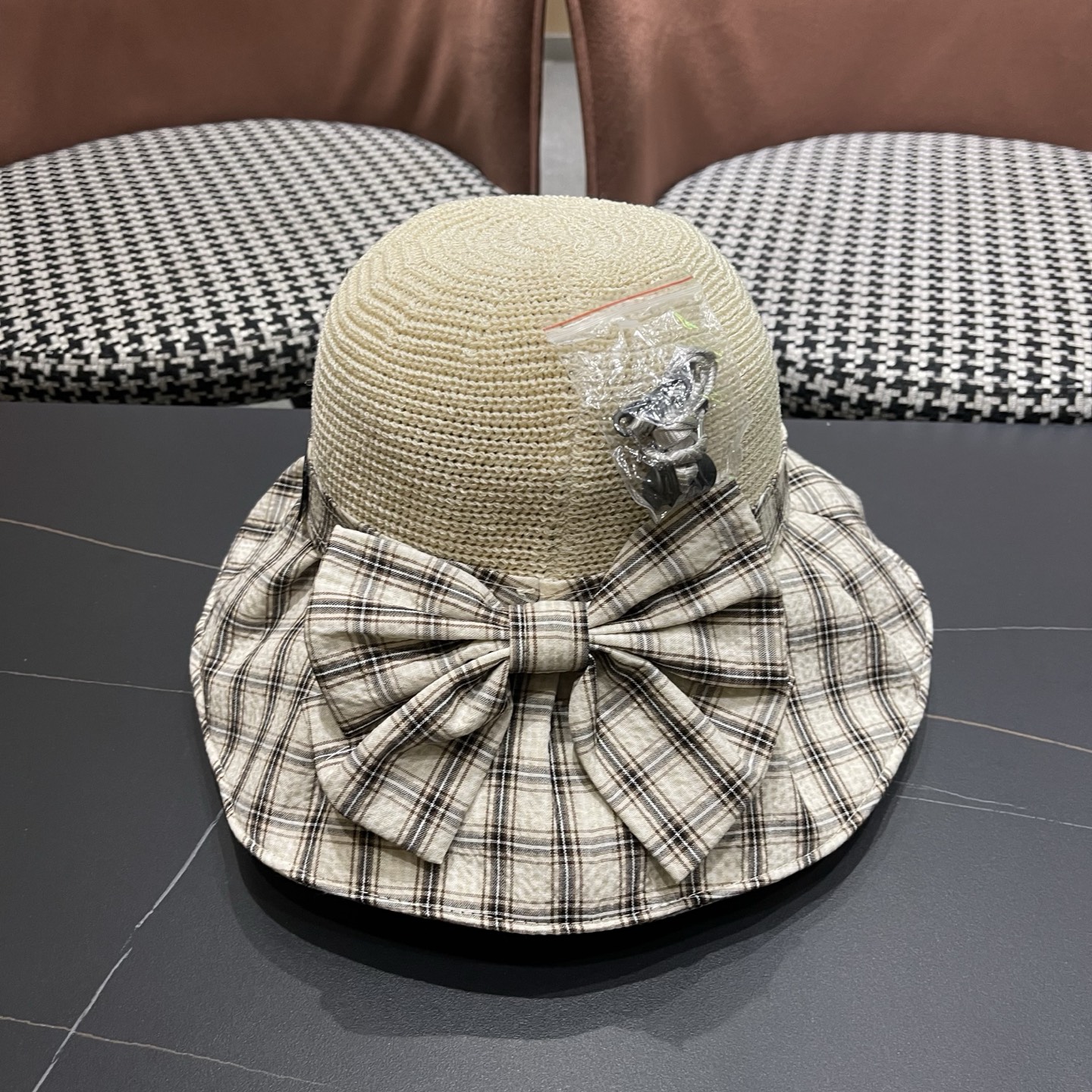 Burberry巴宝莉 遮阳帽女夏季文艺风格纹蝴蝶结休闲 渔夫帽可折叠大檐帽出游穿搭