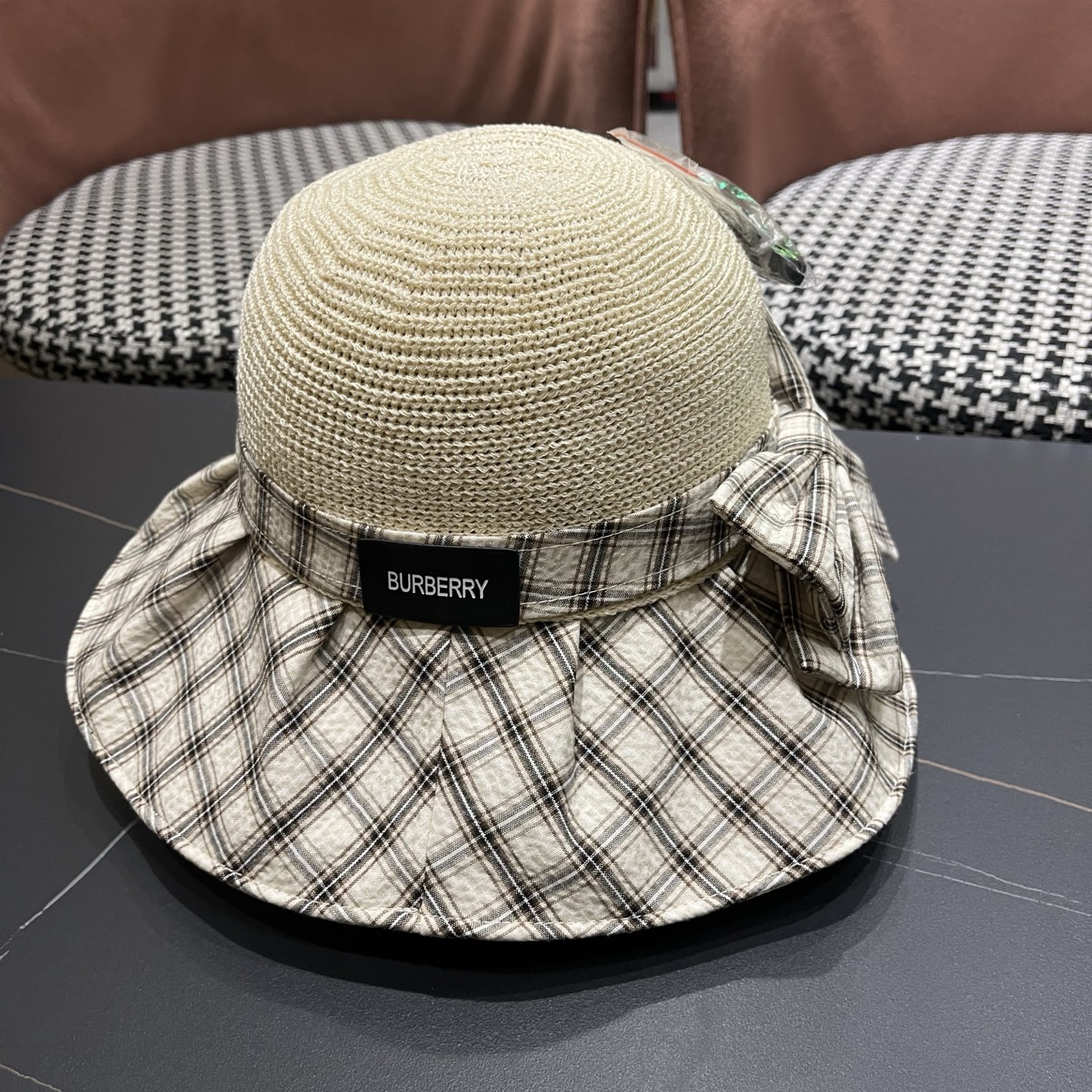 Burberry巴宝莉 遮阳帽女夏季文艺风格纹蝴蝶结休闲 渔夫帽可折叠大檐帽出游穿搭