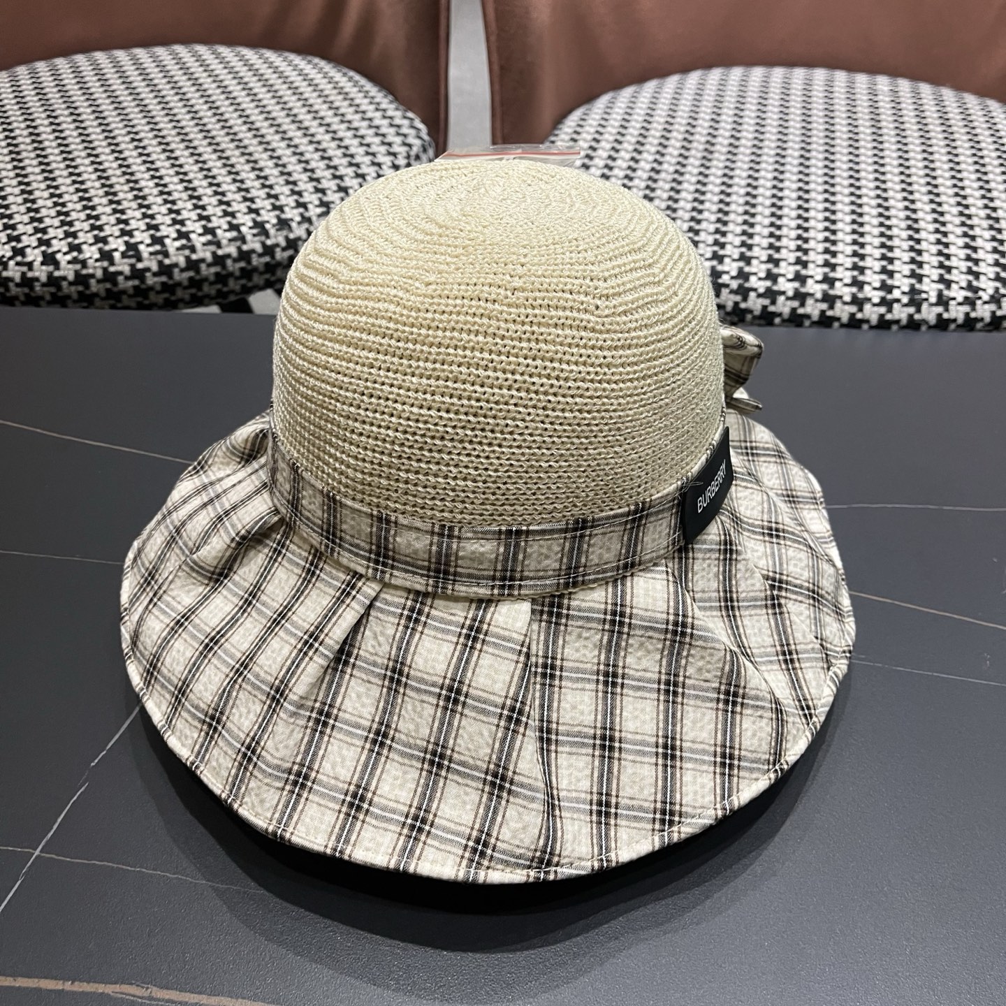 Burberry巴宝莉 遮阳帽女夏季文艺风格纹蝴蝶结休闲 渔夫帽可折叠大檐帽出游穿搭
