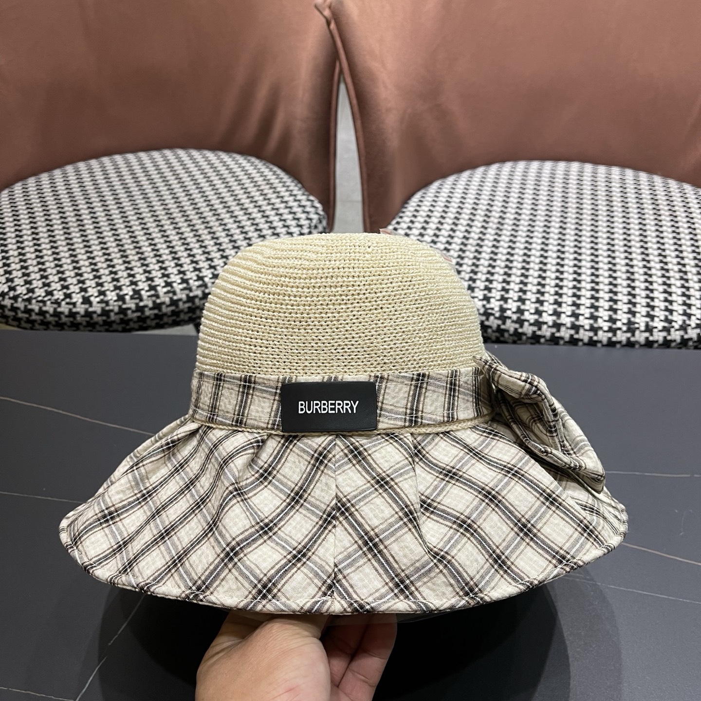 Burberry巴宝莉 遮阳帽女夏季文艺风格纹蝴蝶结休闲 渔夫帽可折叠大檐帽出游穿搭