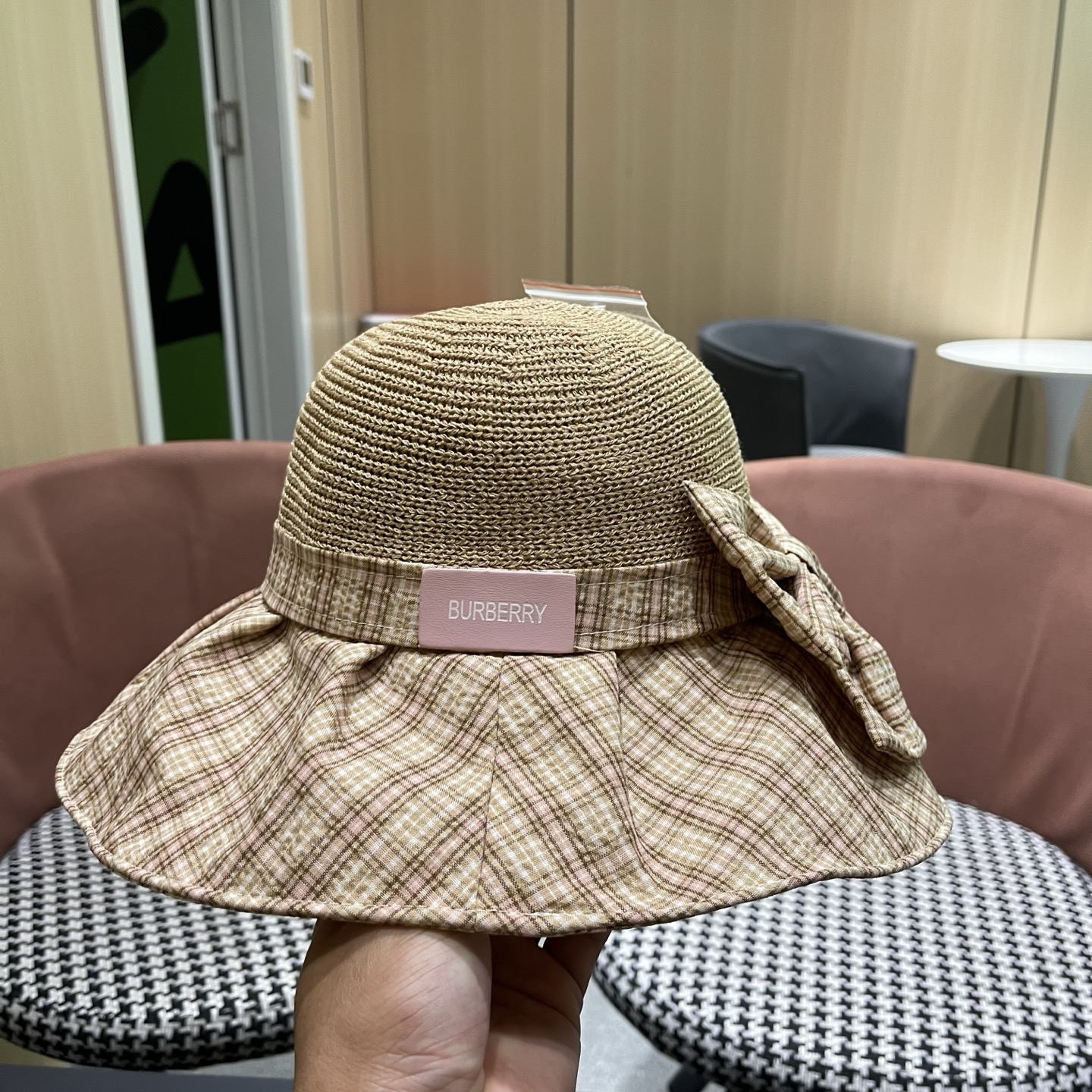 Burberry巴宝莉 遮阳帽女夏季文艺风格纹蝴蝶结休闲 渔夫帽可折叠大檐帽出游穿搭