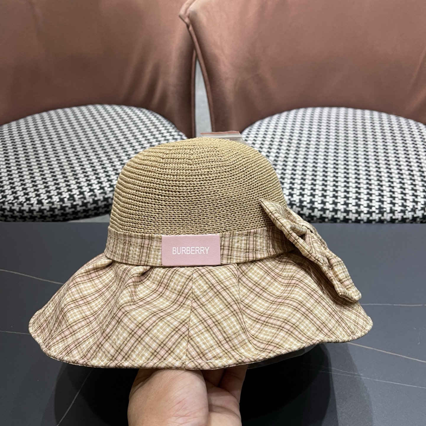Burberry巴宝莉 遮阳帽女夏季文艺风格纹蝴蝶结休闲 渔夫帽可折叠大檐帽出游穿搭