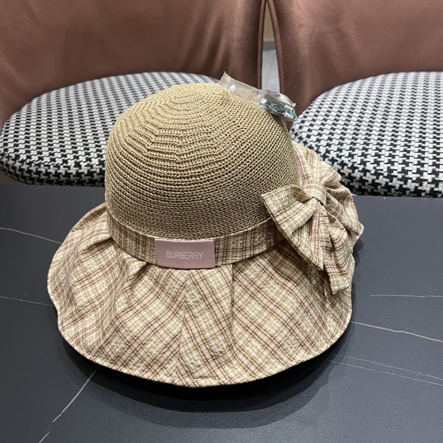 Burberry巴宝莉 遮阳帽女夏季文艺风格纹蝴蝶结休闲 渔夫帽可折叠大檐帽出游穿搭